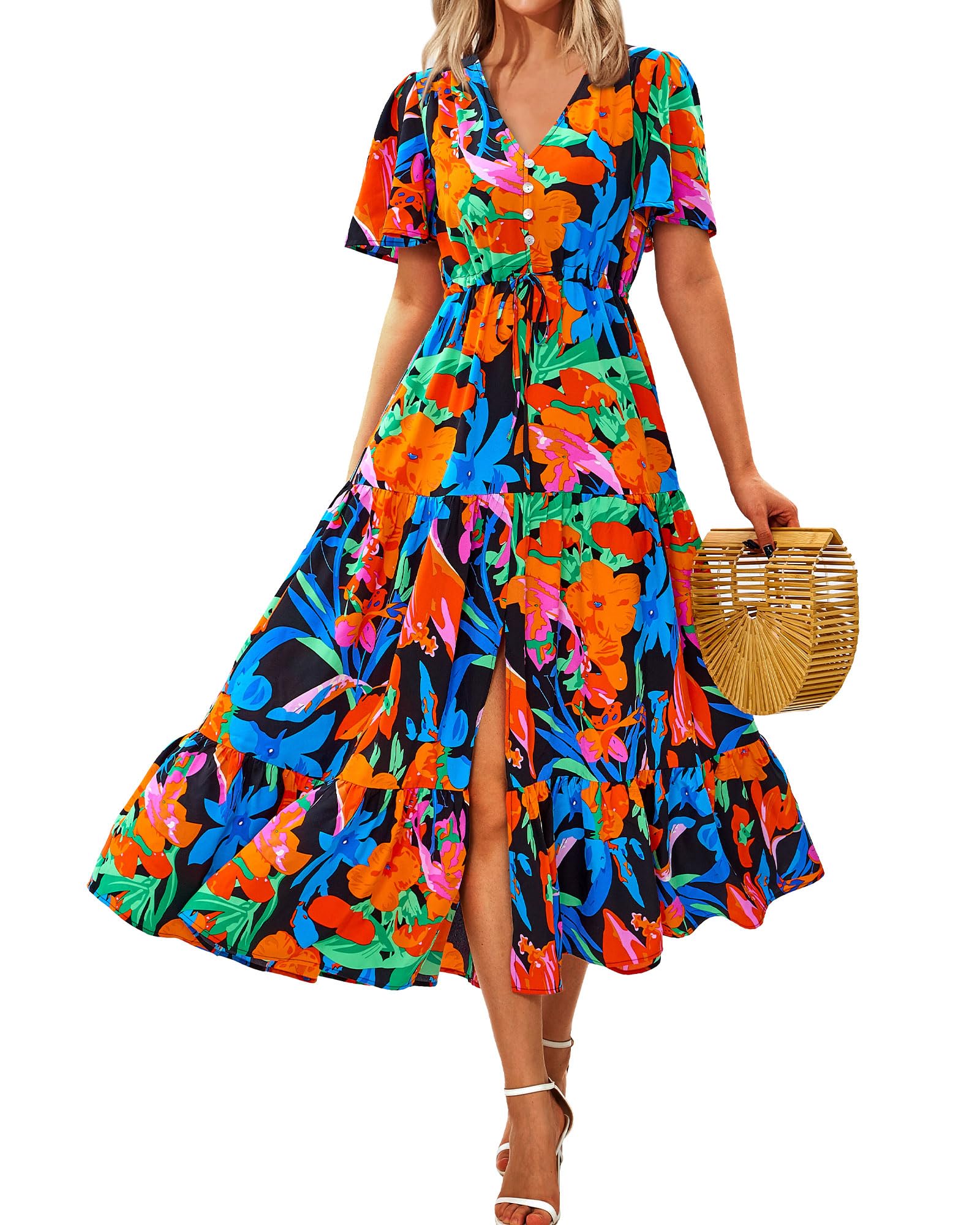 Zenlonr Vestidos de verano para mujer, estilo casual, de manga corta, cuello en V, con abertura, con botones, cordón, vestido largo para la playa