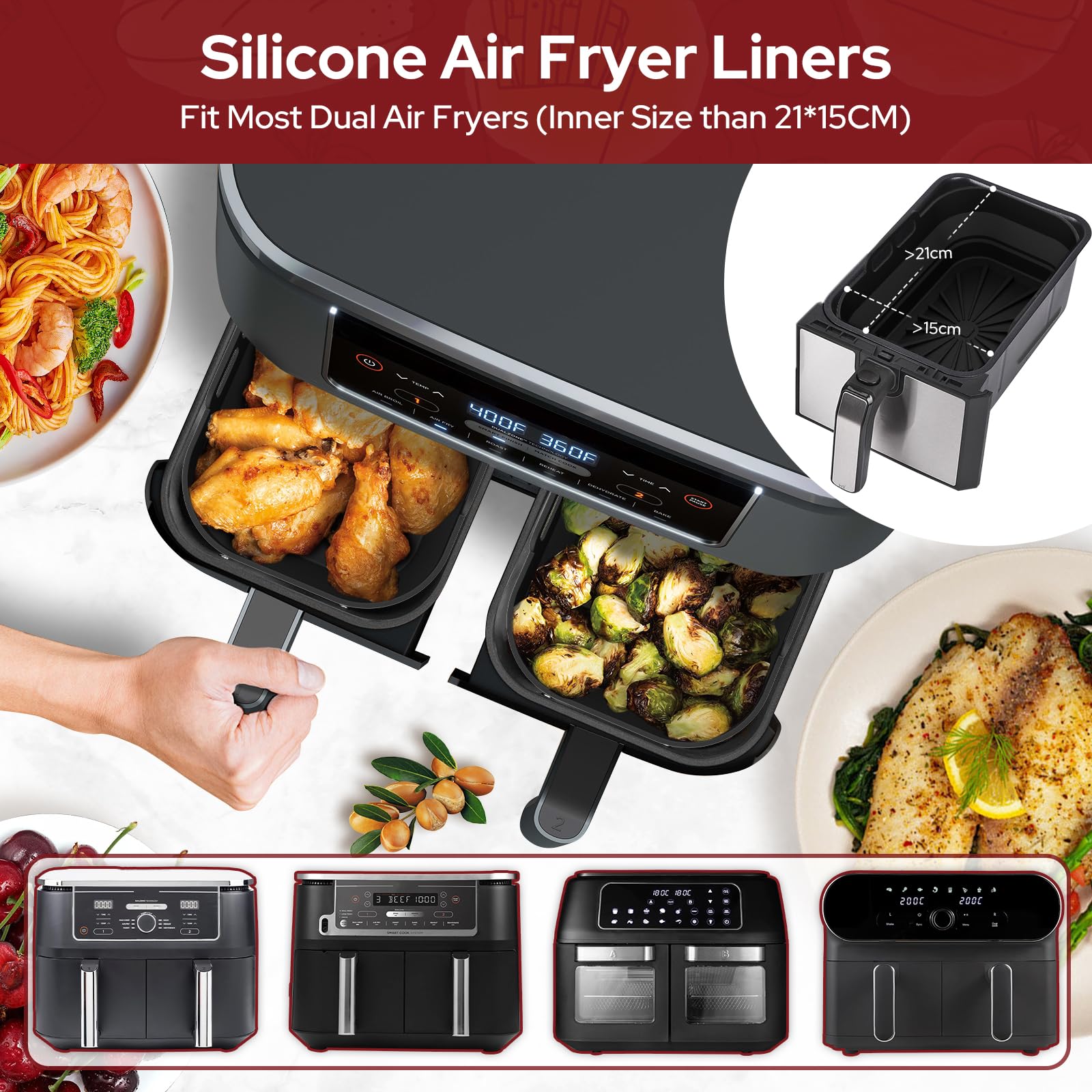 2 Teglie In Silicone Per Friggitrice Ad Aria - 20.5 Cm, Riutilizzabili, Per COSORI, Ninja, Tower - Foto 2