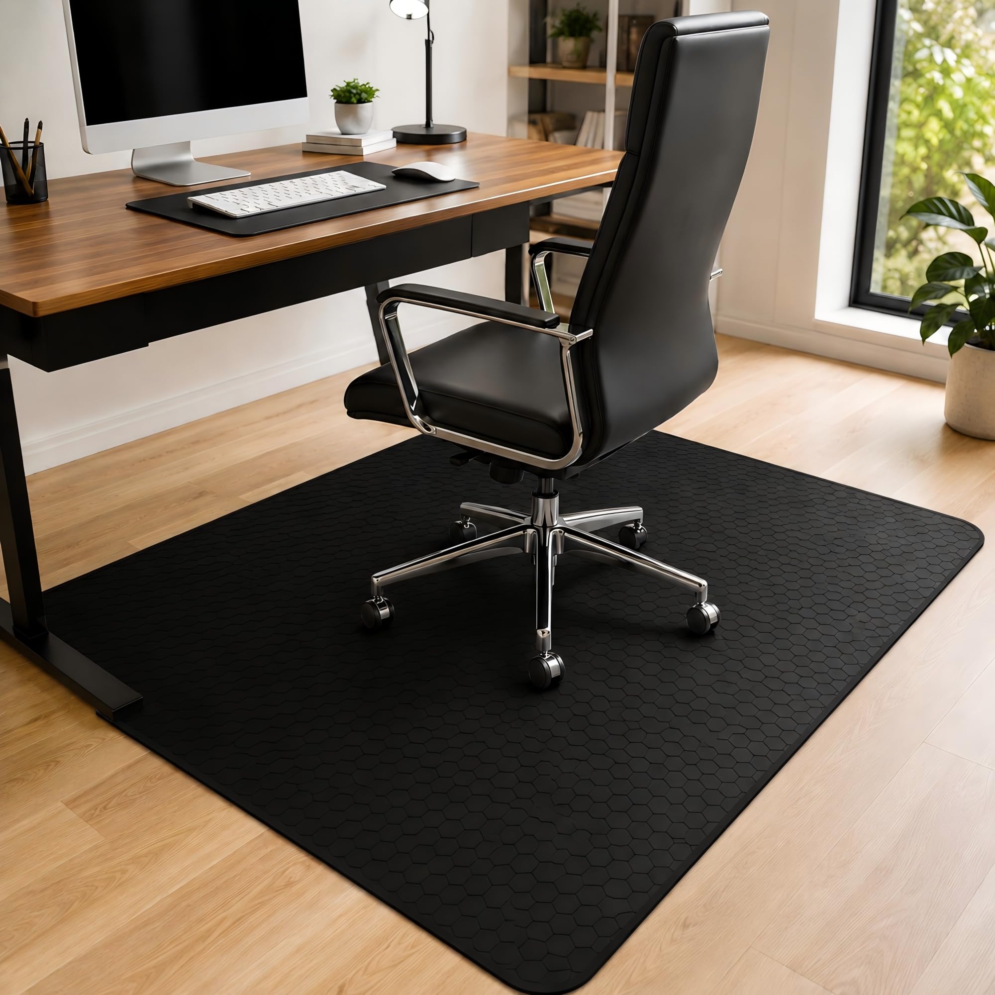 Szyeequoo Office Chair Mat for Hardwood Floor, 36 x 48 Inch Silicone Floor Protector with Non-Slip Honeycomb Grip, Quiet Washable Mat for Rolling Computer and Gaming Chairs, Black
