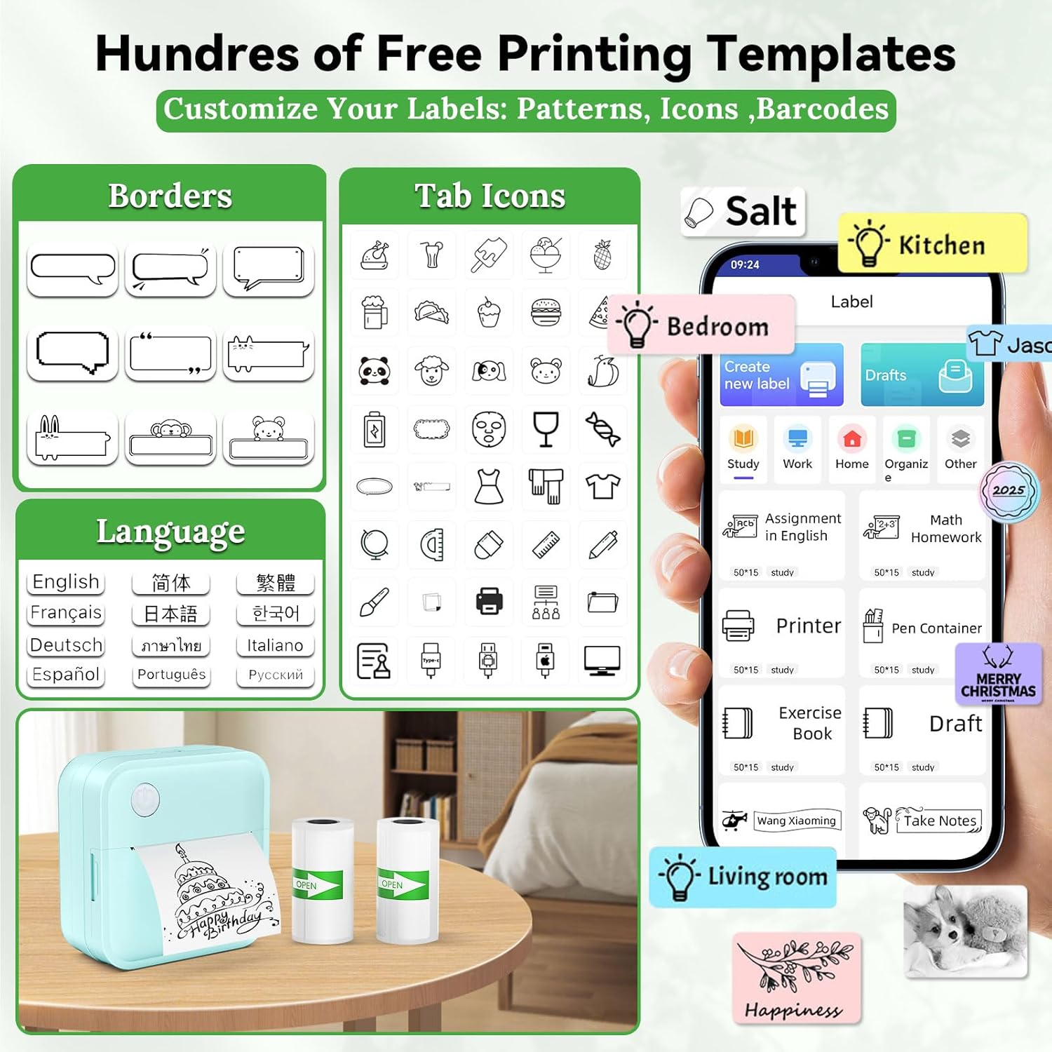 Miouca Label Maker Machine with Tape - Mini Sticker Printer Bluetooth Label Printer for Home Office Organization, Portable Thermal Sticker Maker Print Pod with Multiple Templates for Phone (Green)
