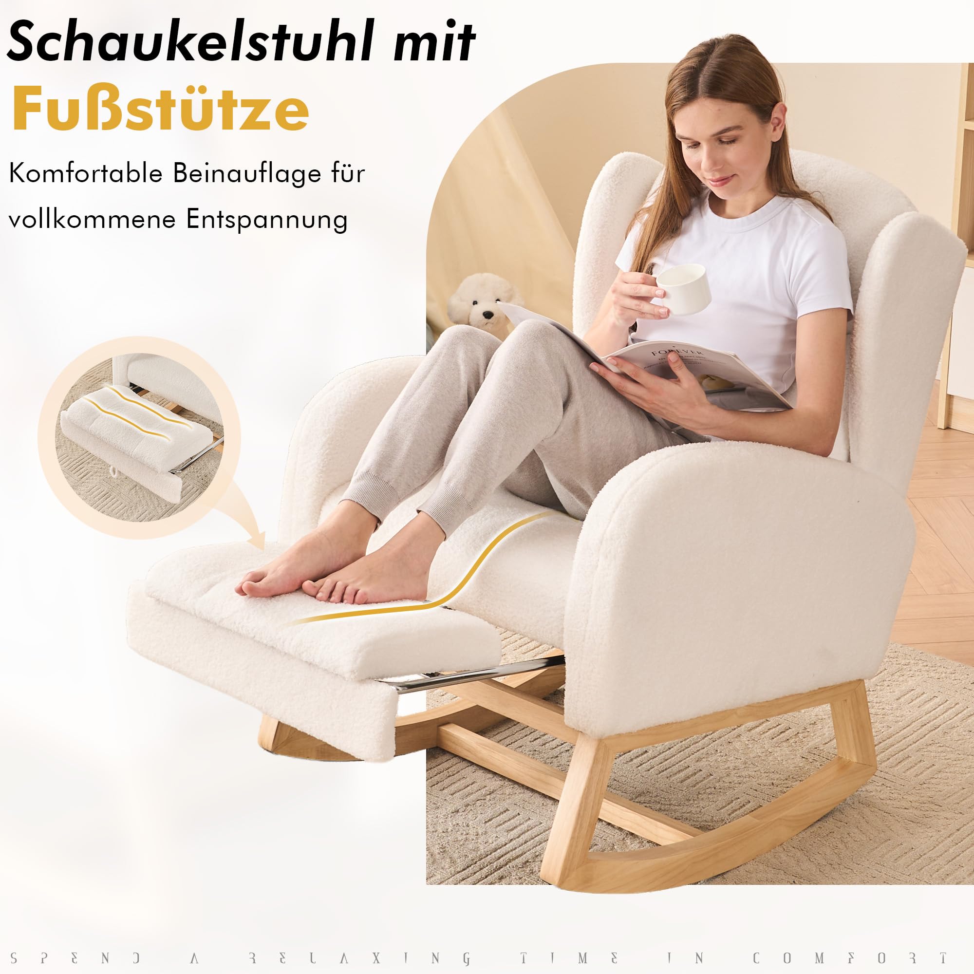 DEKKETO Schaukelstuhl mit Fußstütze, Großem Sitz und Seitentasche, Stillsessel Stillstuhl mit Ausziehbarer Beinauflage, Hoher Rückenlehne Rocking Chair für Wohnzimmer Innen, Teddy-Stoff, Weiß