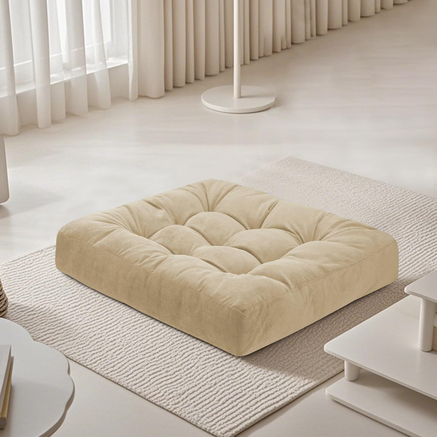 2 pack Meditation Floor Pillow 22×22 Inch 1 Pack Large Floor Cushions for Adults Square Tufted Corduroy Floor Pillows for Yoga Living Tatami Room Beige Beige 1