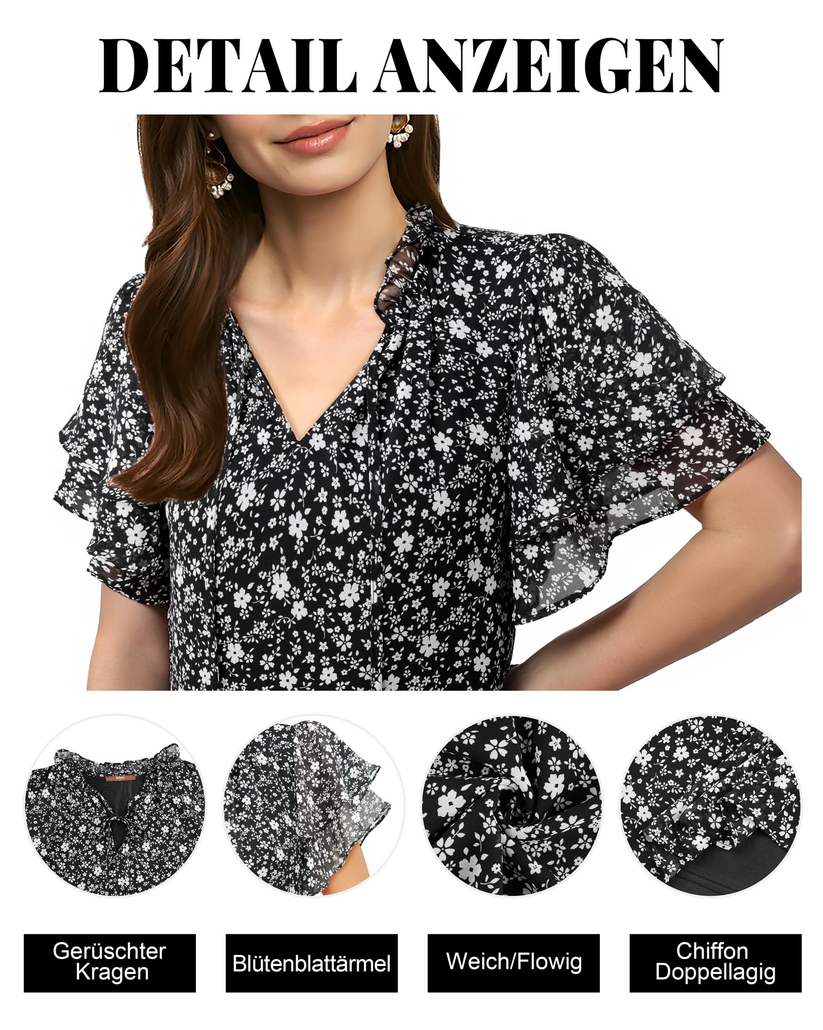 Gaharu Blusa elegante de manga corta para mujer, túnica de verano, cuello de pico, mangas con volantes, gasa, flores, camiseta de negocios, informal, top