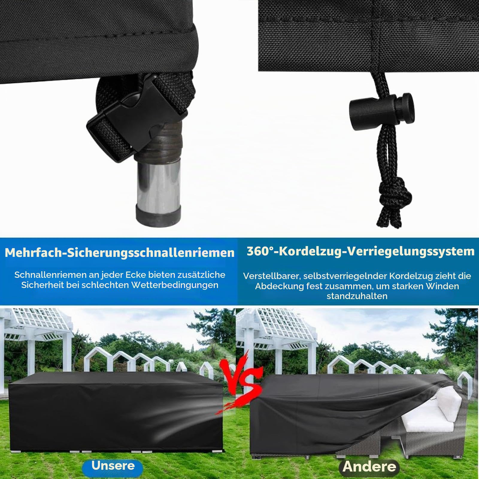 Abdeckung Gartenmöbel Winterfest 350x150x90cm/LxWxH Plane Gartenmöbel Wasserdicht Schutzhülle, Winddicht Staubdicht Anti-UV 600D Heavy Duty, Abdeckplanen für Gartenmöbel Outdoor
