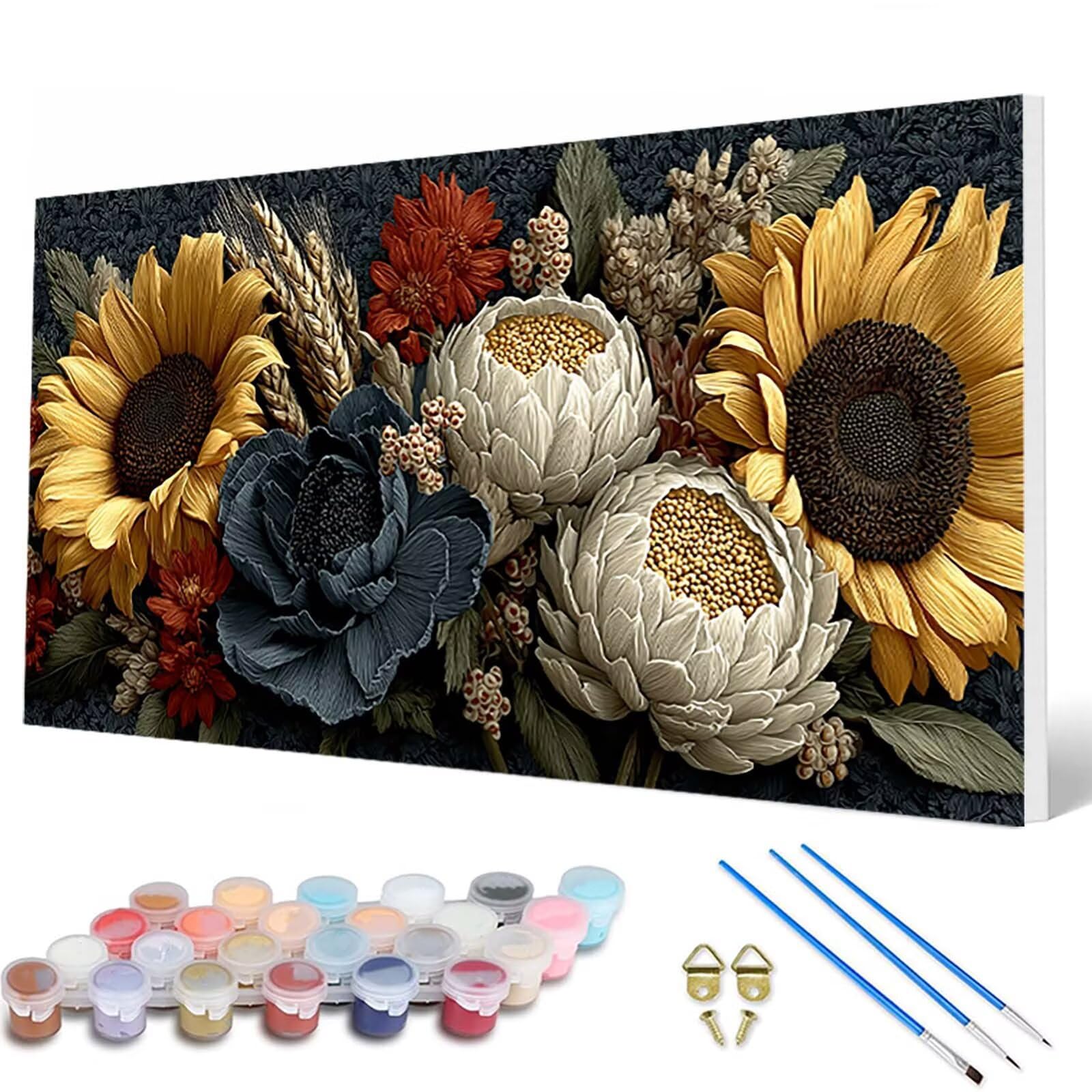 SonnenBlumen malowanie według liczb, dla dorosłych, malowanie według liczb, kwiaty, dla dorosłych, do majsterkowania, dla początkujących, do dekoracji salonu, dekoracja ścienna, prezent dla kobiet, 70
