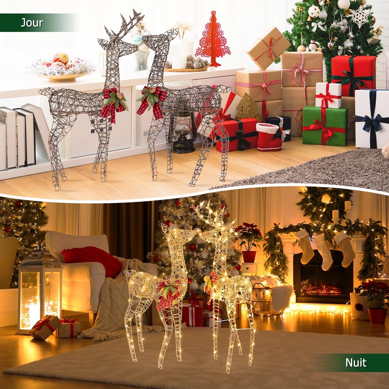 GOPLUS 2 Renos de Navidad Exterior, Juego de 2 Ciervos Iluminados, Decoración Navidad Blanco Cálido con 200 Luces LED,Función de Temporizador, Luz Intermitente, Reno Grande de 110 cm para Jardín Patio