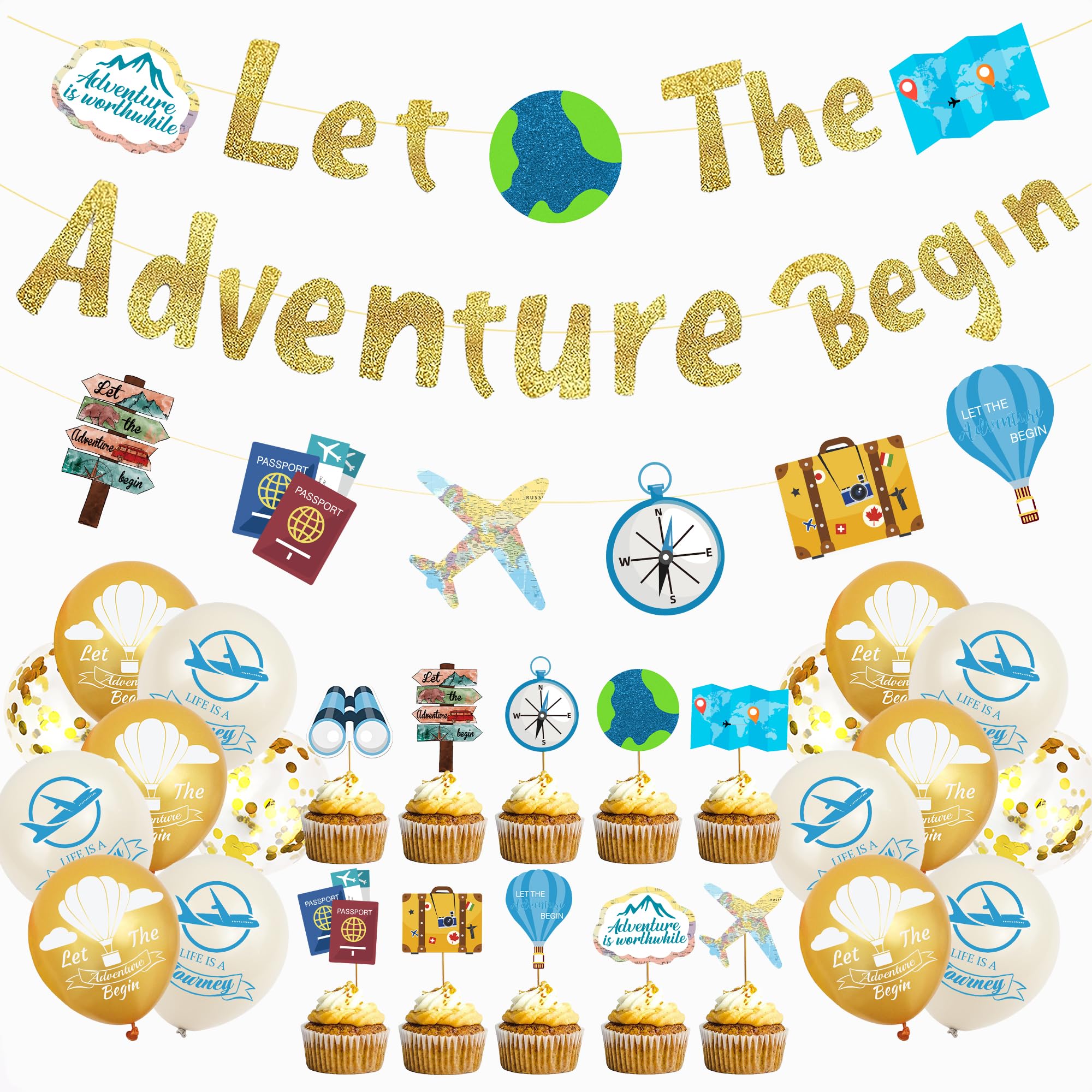 Elicola Let The Adventure Begin Banner per decorazioni per feste di laurea/ laurea/festa di pensionamento, festa di buon viaggio, scuola superiore decorazione di laurea blu