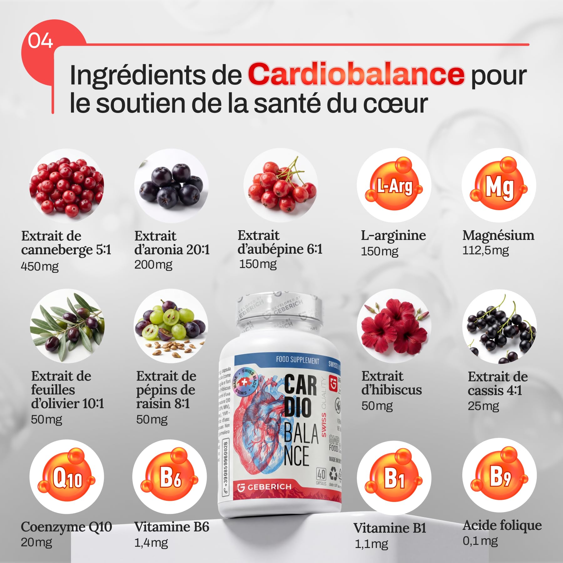 Gélules Cardiobalance | Santé du Cœur | Extrait de Canneberge 450mg + Coenzyme Q10 + L-Arginine | Formule Cardiovasculaire avec Vitamines B1, B6, B9, Magnésium | 40 Gélules