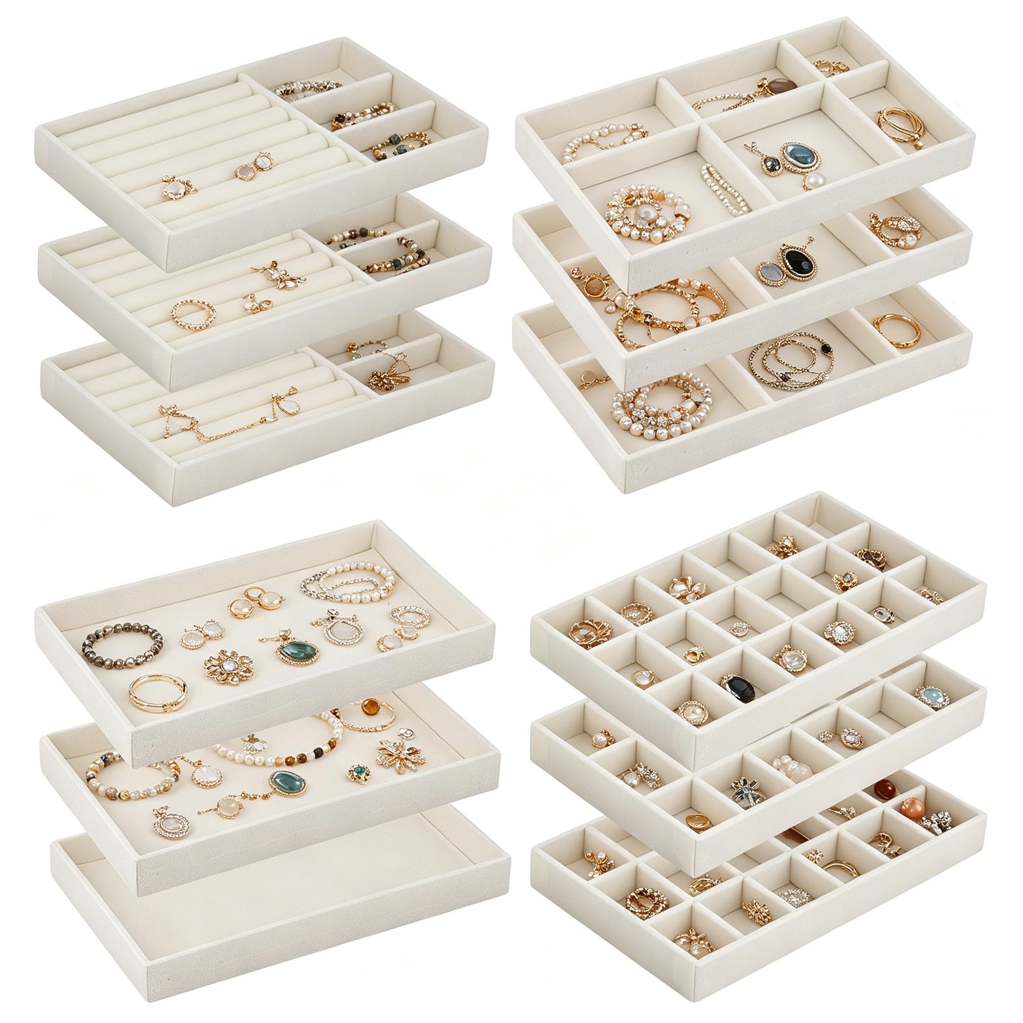 12 Stück Schmucktablett, Stapelbar Schmuck Organizer Schublade, Samt Schmuckaufbewahrung Einsatz für Halsketten Armbänder Ohrringe, Beige, 21,3 x 12,4 x 2,4 cm