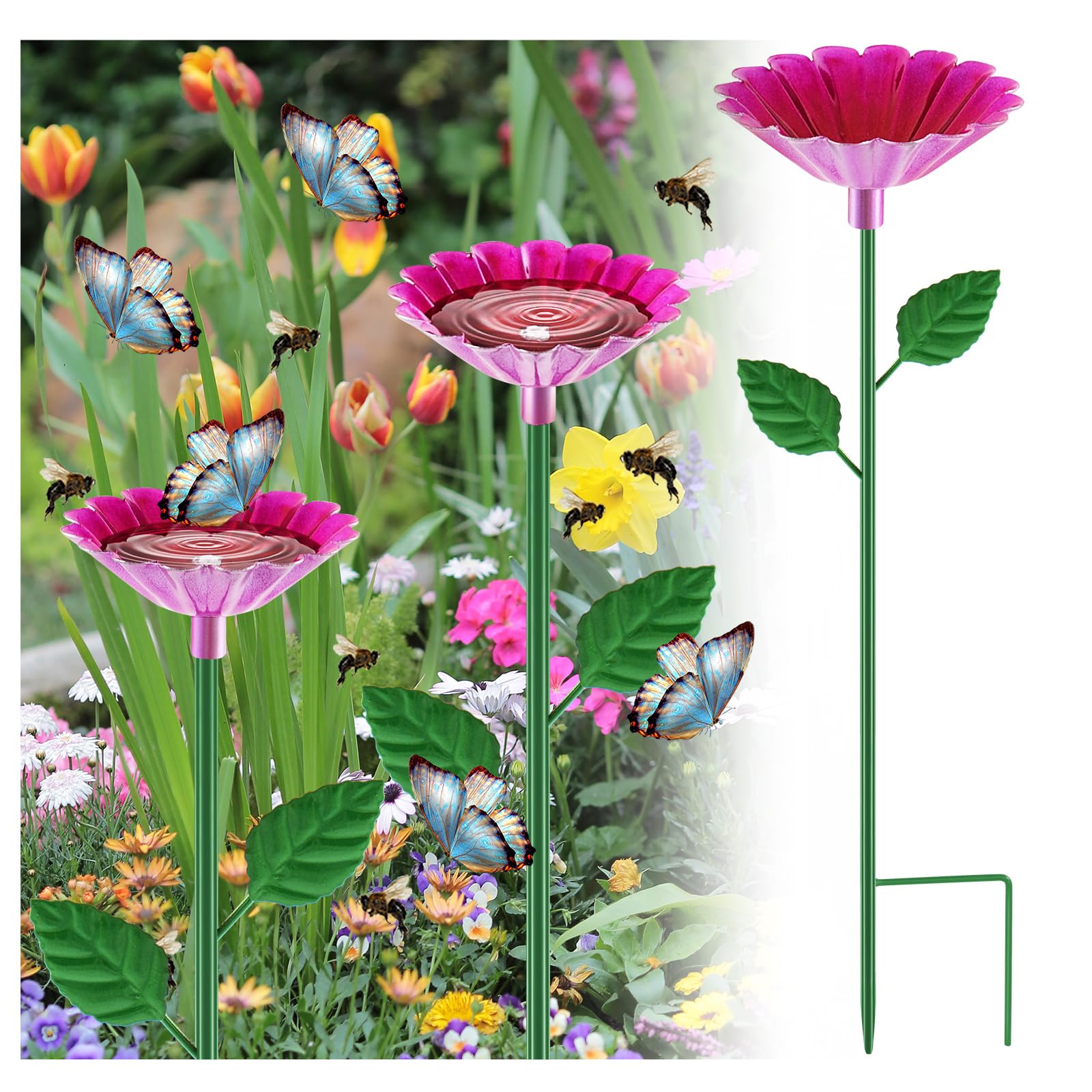 Tandefio 1 Pcs Bee Bath Watering Station, 25 x 2.6 Inch, Metal Flower Bee Feeder for Garden, Colorful Butterfly Feeder & Outdoor Pollinator Station