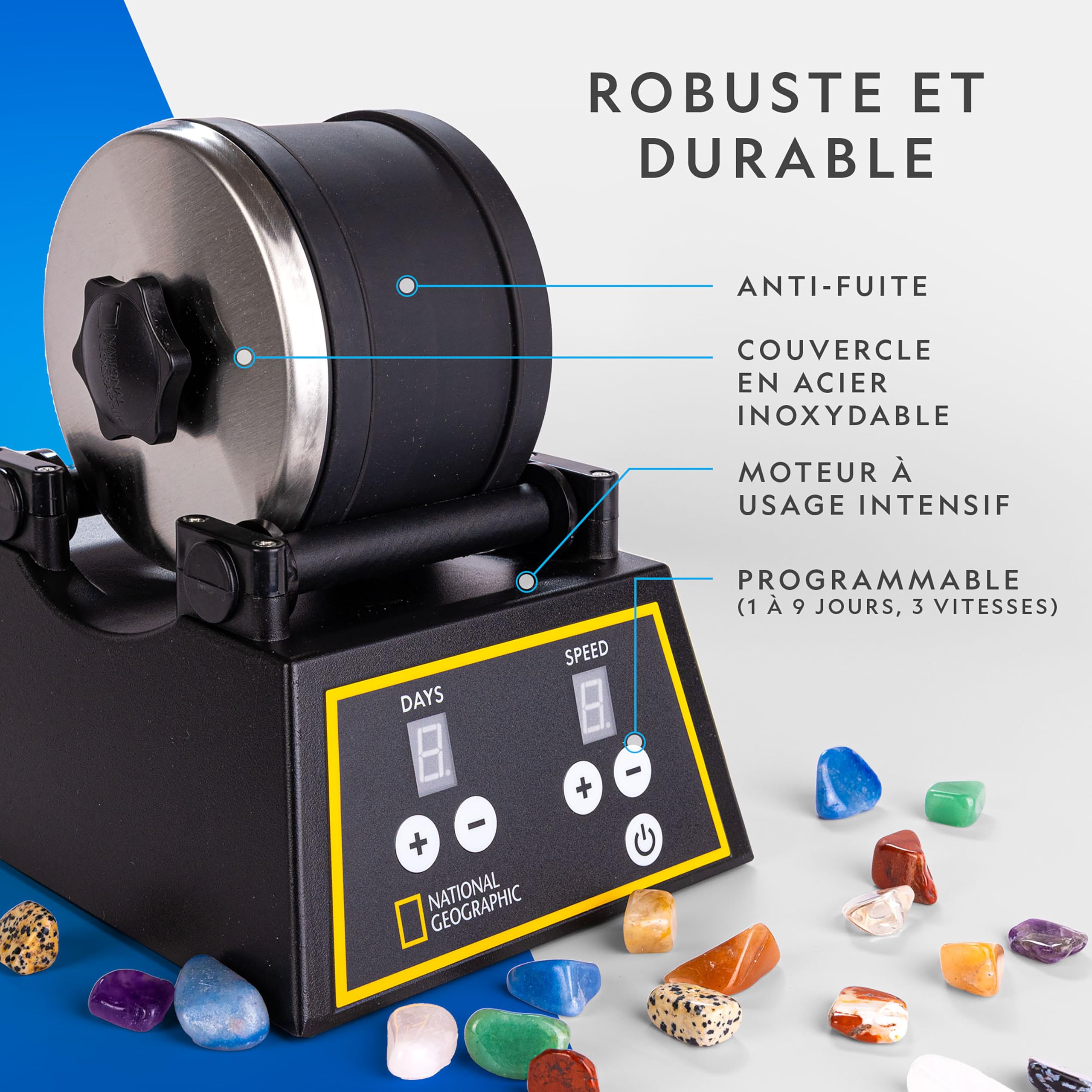 National Geographic – Tonneau de Polissage de Pierres Professionnel – Kit Complet avec Tonneau de 907 g, Pierres, Poudres Abrasives et Mousse GemFoam, Kit Scientifique Éducatif STEM