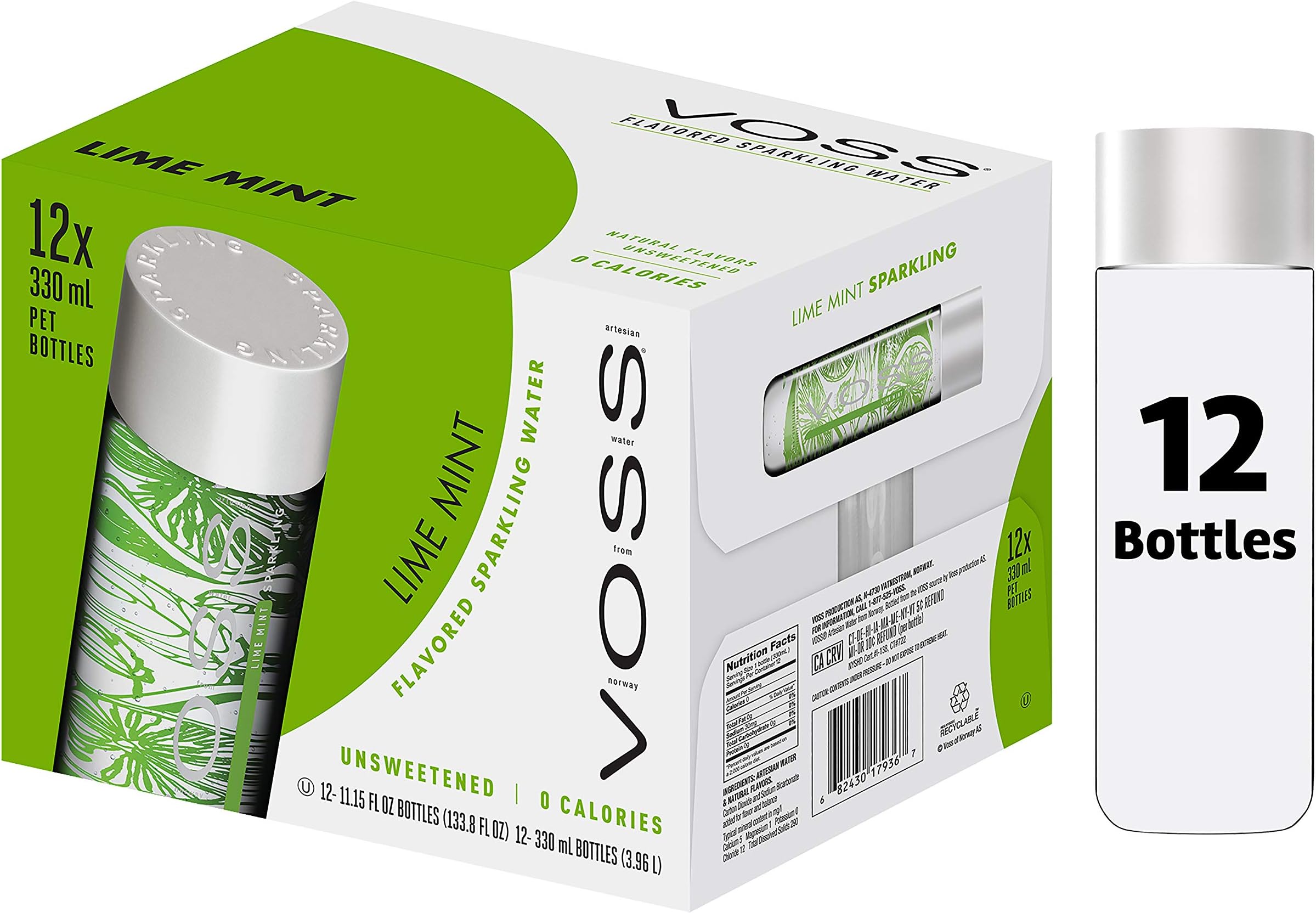 VOSS UK Water, Flavoured Sparkling Water, Lime Mint, Zero Calories, No Sugar, Natural, PET Water Bottles, Bulk Pack of 12 x 330 ml