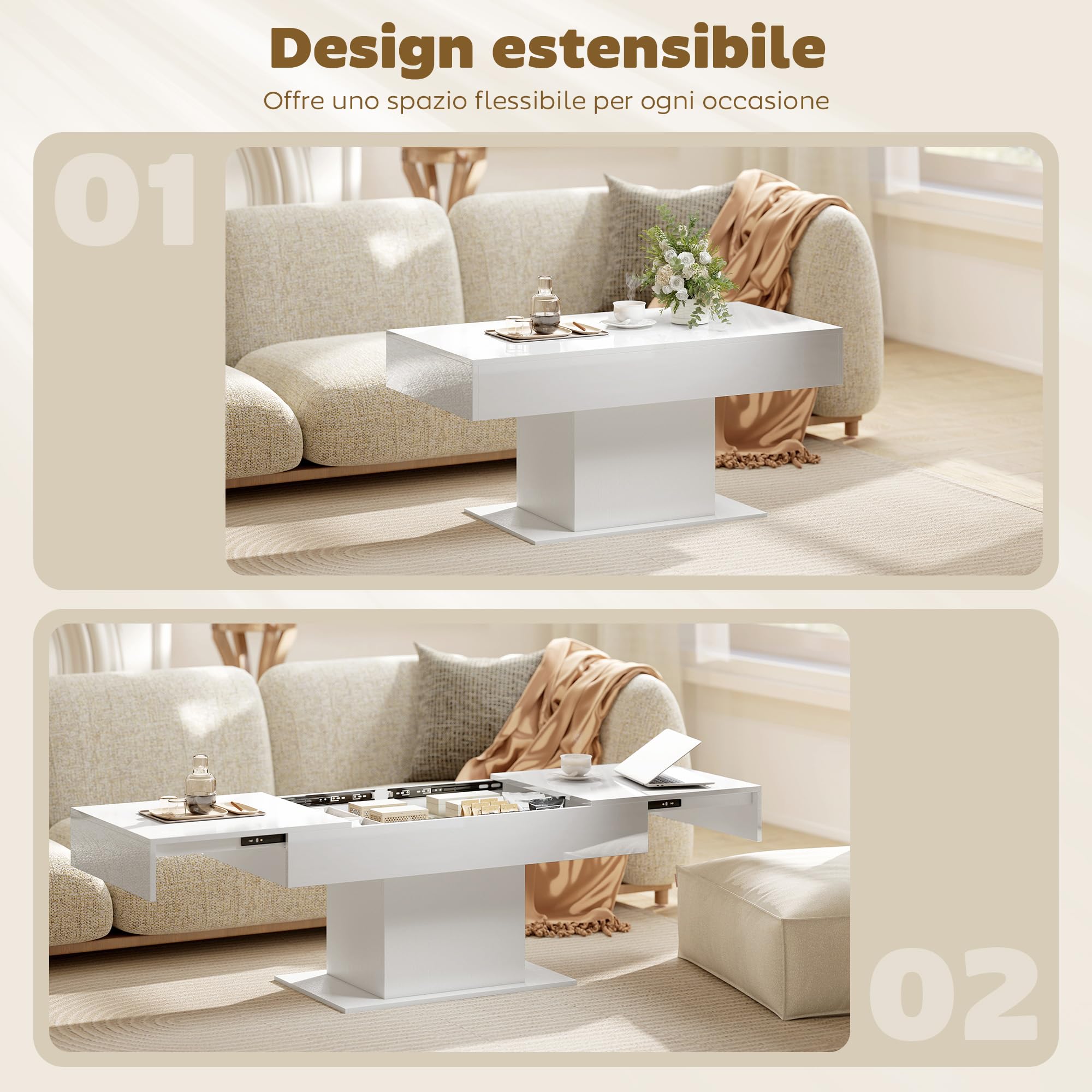 HOMCOM Tavolino da Caffè Estensibile con Vano Contenitore, Tavolino Salotto Allungabile Moderno con Piedini Antiscivolo, Tavolo Soggiorno per Casa Ufficio, 108-178.5x53x49 cm, Bianco Lucido