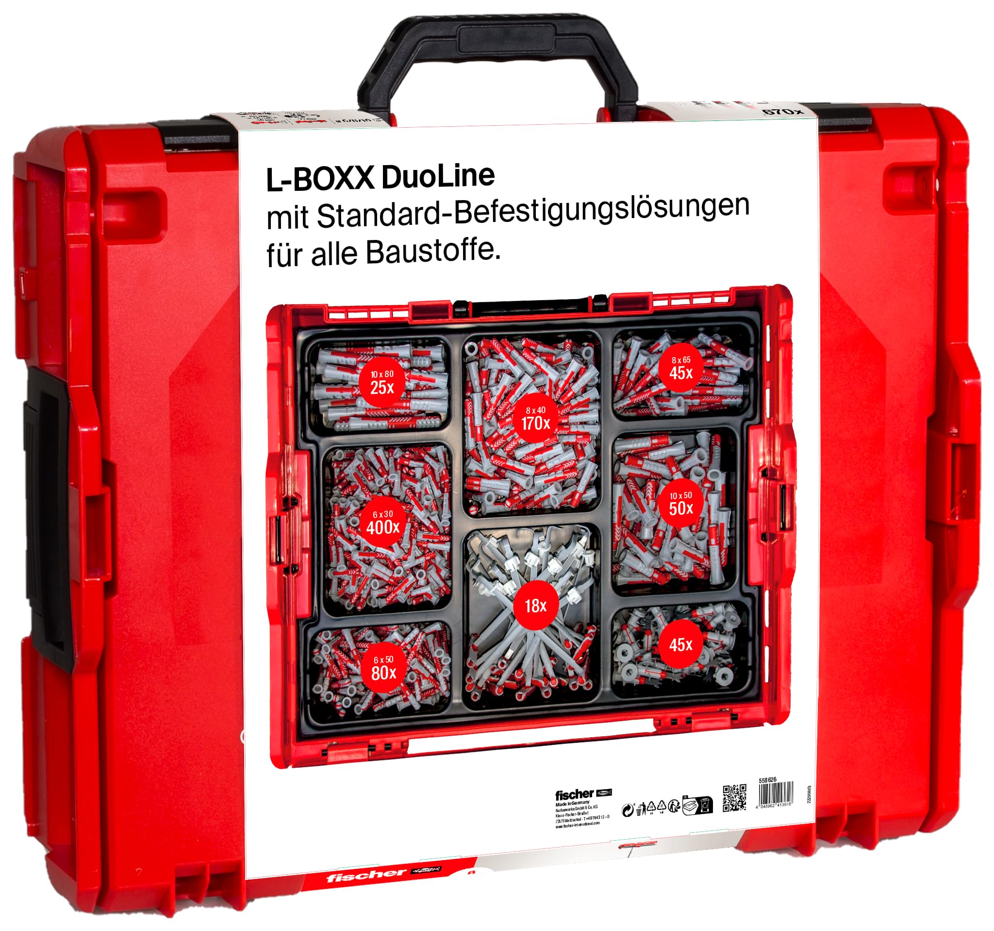 fischer L-Boxx 102 DuoLine, 833-teiliges Dübelset, 6-10 mm Durchmesser, 30-80 mm Länge, DuoPower, DuoTec und DuoBlade, für Profis und Heimwerker
