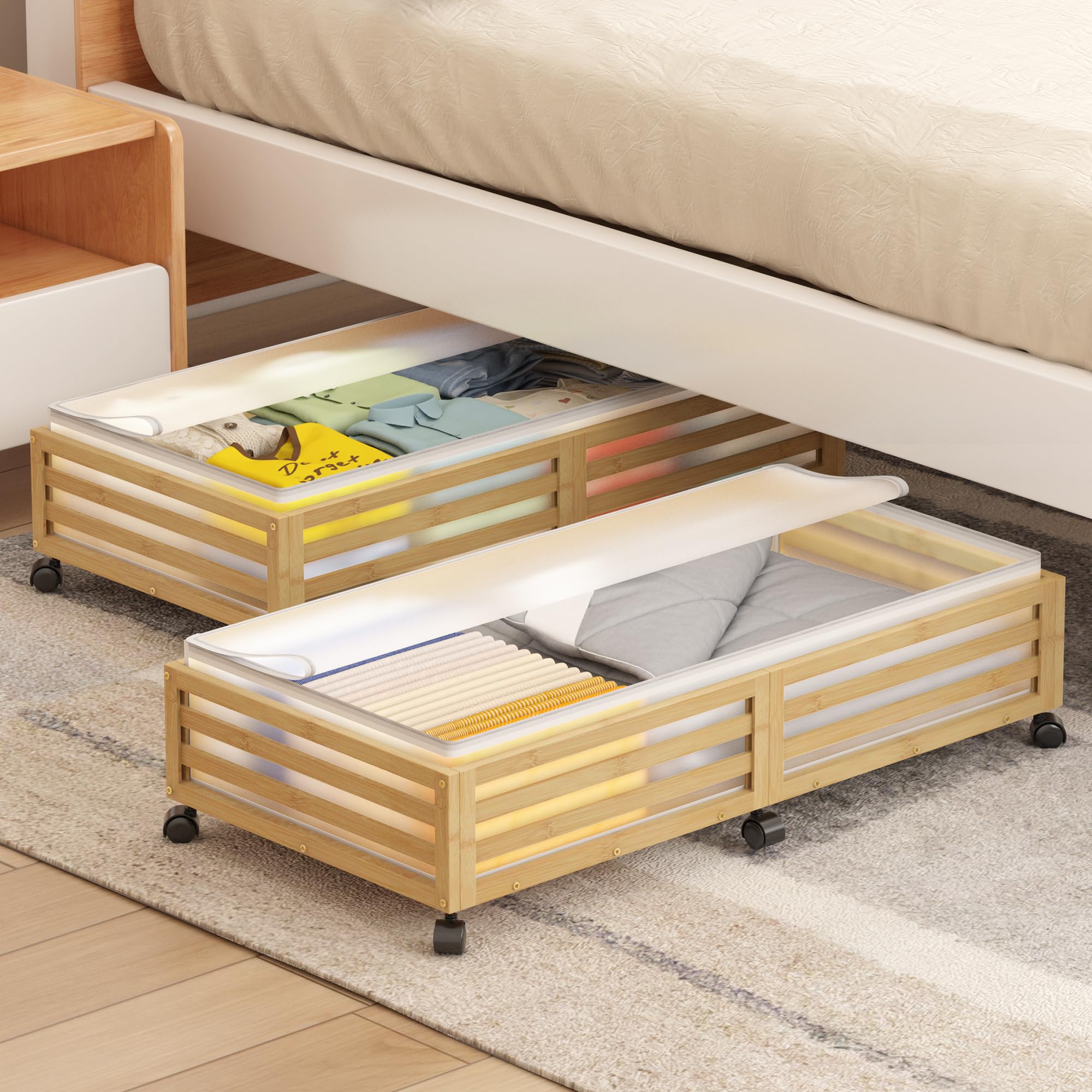 Contenitore sotto il letto con ruote, grandi contenitori in bambù da mettere sotto il letto, con sacchetto per la polvere, impilabili, per riporre vestiti, libri, biancheria da letto e