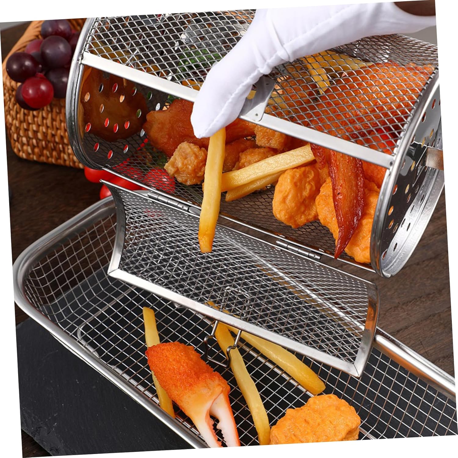 Rotisserie Basket Stainless Steel Electric Oven Grill Cage Rotating Baking Tool for Nuts Vegetables Bbq Roasting with Door for Even Heating and Reusable Kitchen Supplies