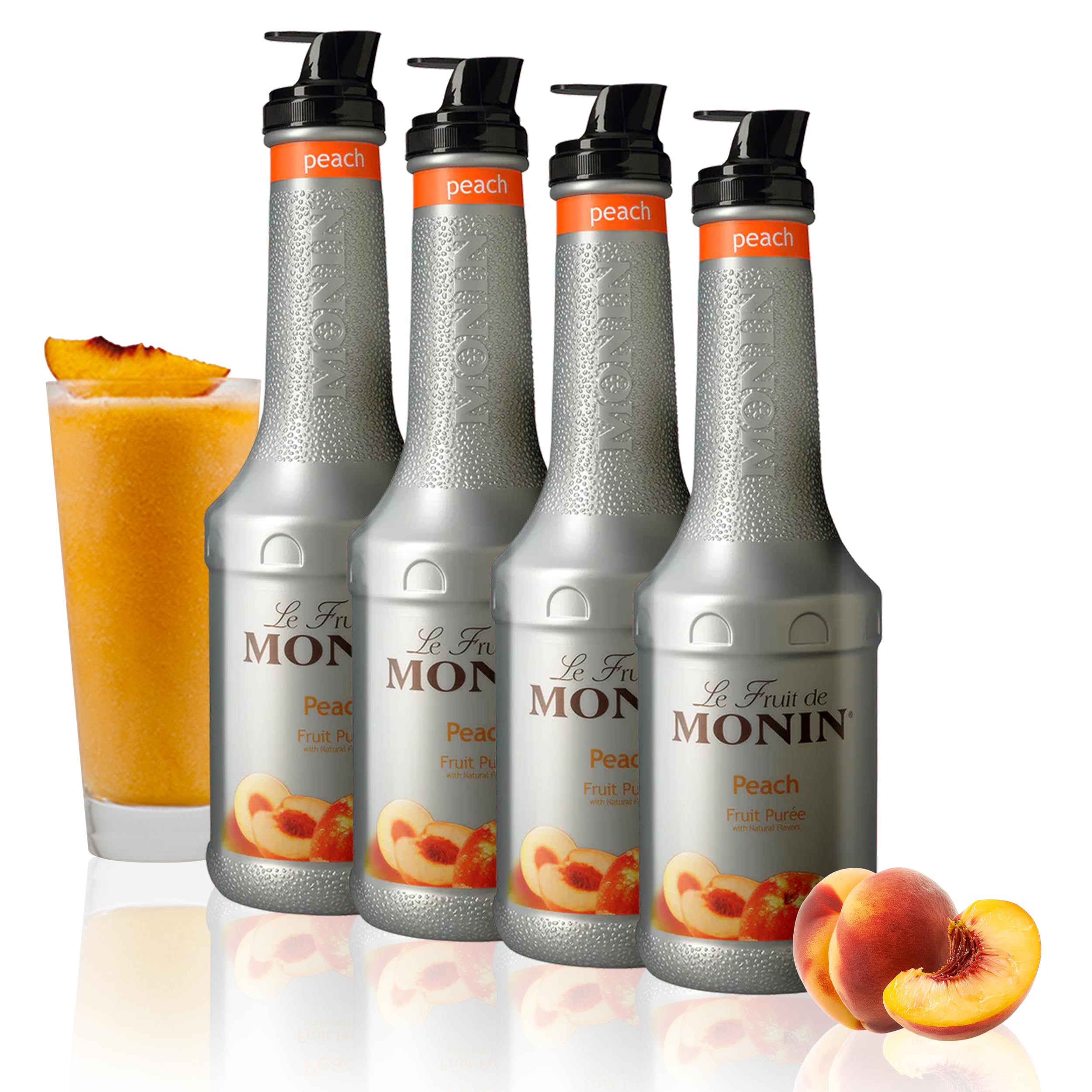 Peach Fruit Purée Multi-Pack | Premium Purée for Cocktails, Smoothies & More | Clean Label with No Artificial Flavors, No Artificial Preservatives (BPA-Free Plastic Bottle, 1 Liter, 4-pack)