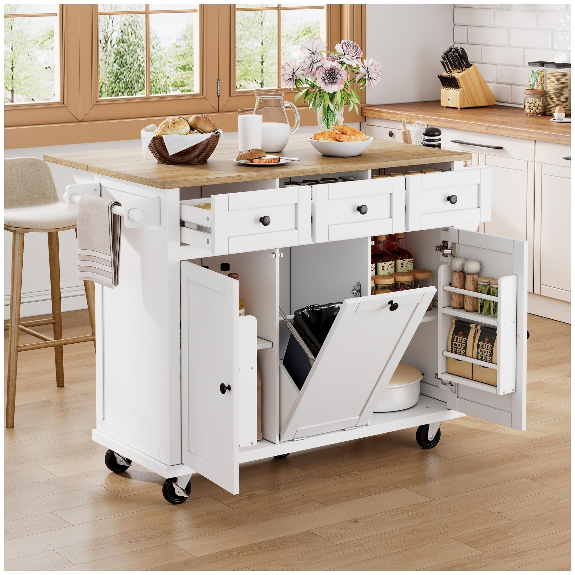 Carro de cocina con ruedas, isla de cocina, zona de comedor extensible, con espacio para cubo de basura y cajones, estante lateral para especias y toallero, color blanco