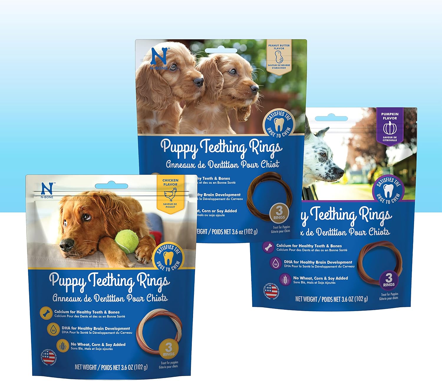 N-Bone Puppy Teething Rings 3 Count Bag Variety Pack, Chicken & Pumpkin & Peanut Butter Flavor, Total 3 Bags