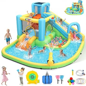 12-in-1 Inflatable Water Slide Bounce House for Big Kids, Waterslide Backyard 14.1x12Ft Waterpark with Jump Area/Catch Ball/Toss Rings, PVC Water Bouncy Castle for 8-12 Hold for 8 Kids w/Blower