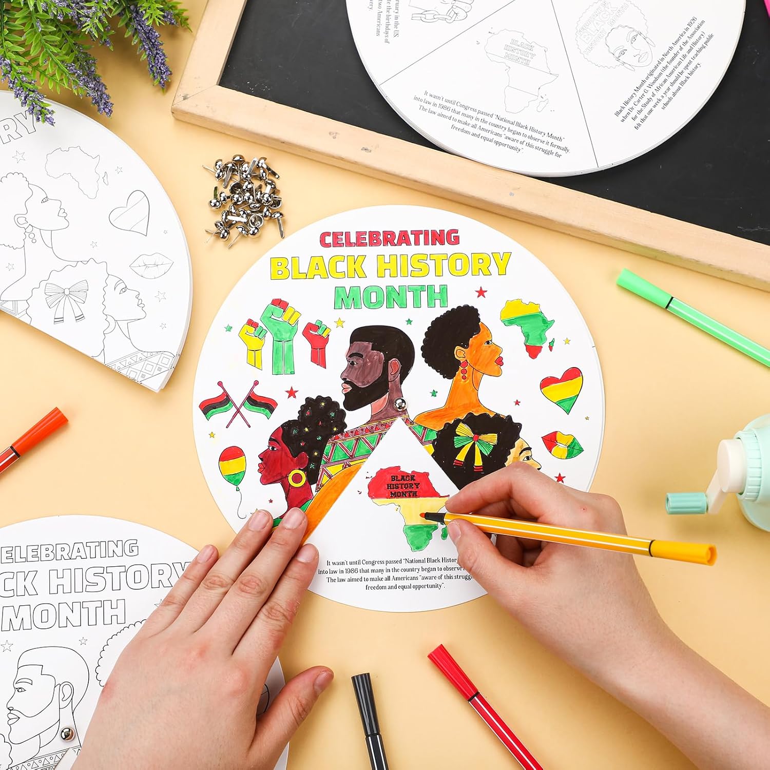 Spiareal 30 Set Black History Month Crafts, Black History Month Coloring Wheel DIY Educational Activity with Silver Fasteners Celebrate African American Group Art Project Supplies