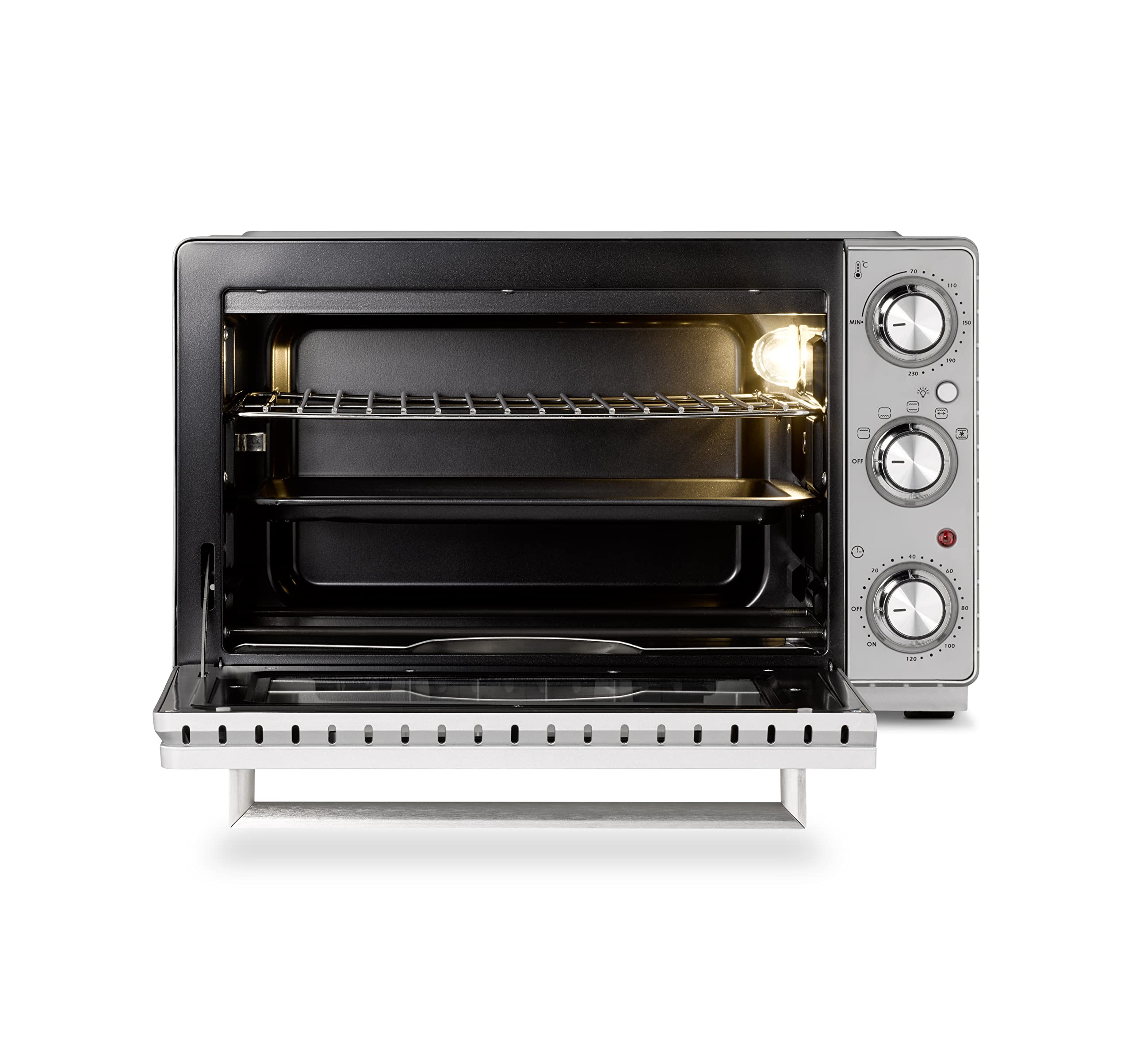 CASO TO 26 SilverStyle – designerski piekarnik, pojemność 26 l, 3 półki, 70-230 °C, w zestawie kamień do pizzy, 5-stopniowa funkcja: gorące powietrze, obrotowy rożen z silnikiem, zwycięzca testu w