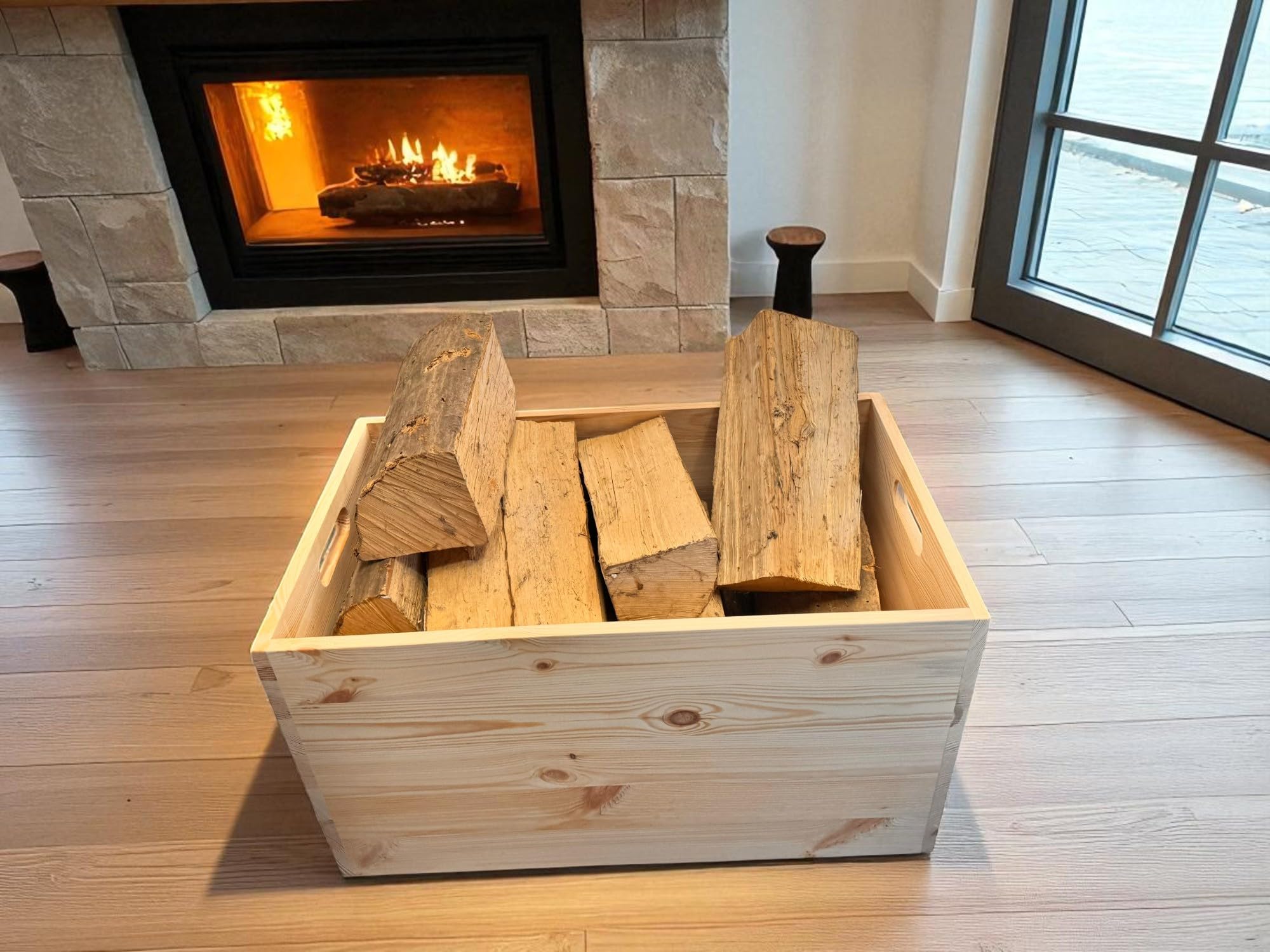 weeco Holz-Aufbewahrungstruhe mit Rollen, 73×45×40 cm, Kiefernholz, unbehandelt, Multifunktionale Lagerkiste für Kaminholz, Decken & Wohnaccessoires