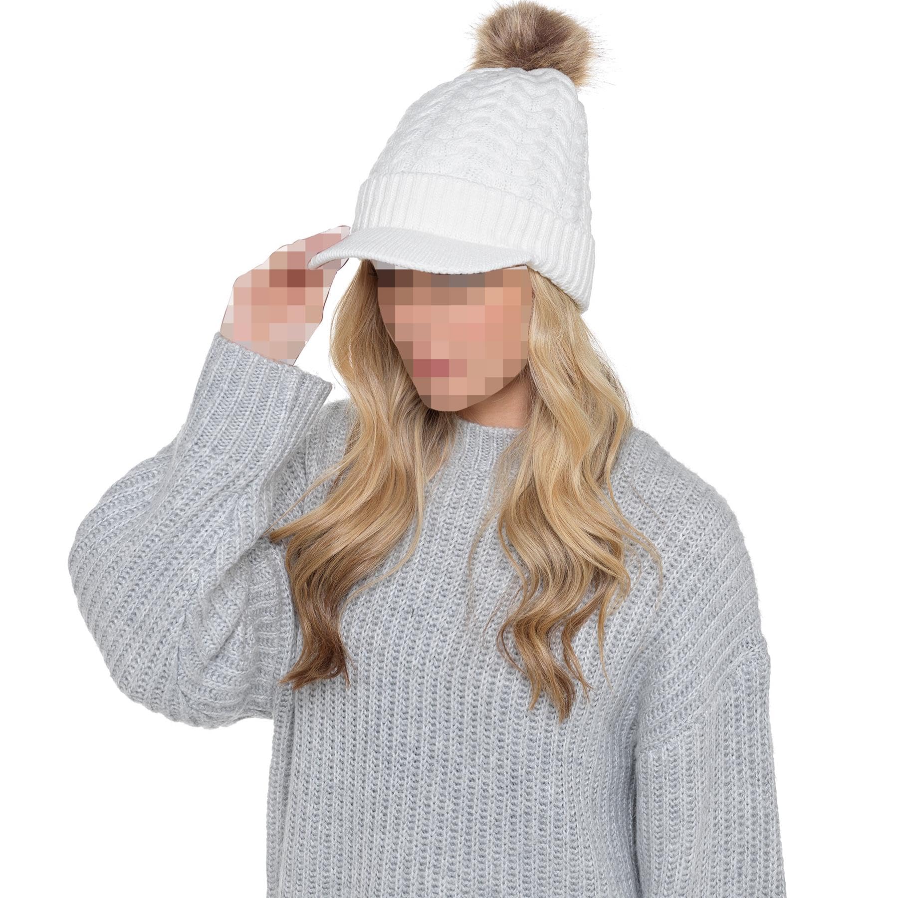 A2z Women's Black Hat Cable Knitted Peaked Sherpa Lined Detachable Faux Fur Pom - Hat Lh873 One Size