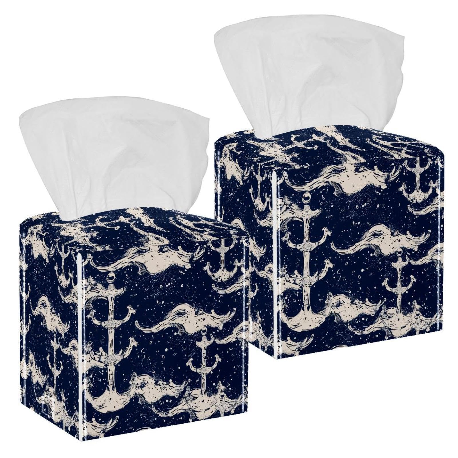 Anchors Waves Tissue Box Cover, 2 Pack PU Leather Square Facial Tissue Dispenser Box holder for Home Office Car