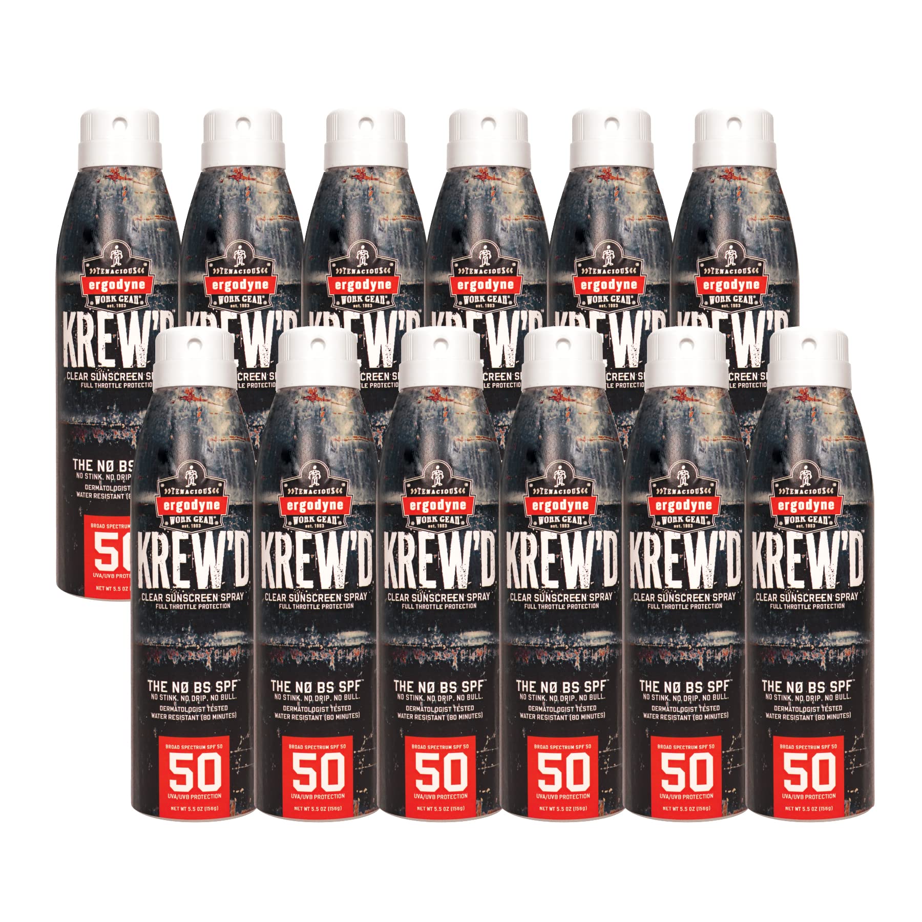 Ergodyne KREW'D 6353 Sunscreen Spray, Broad Spectrum SPF 50, Water Resistant, 5.5 oz, 12-Pack