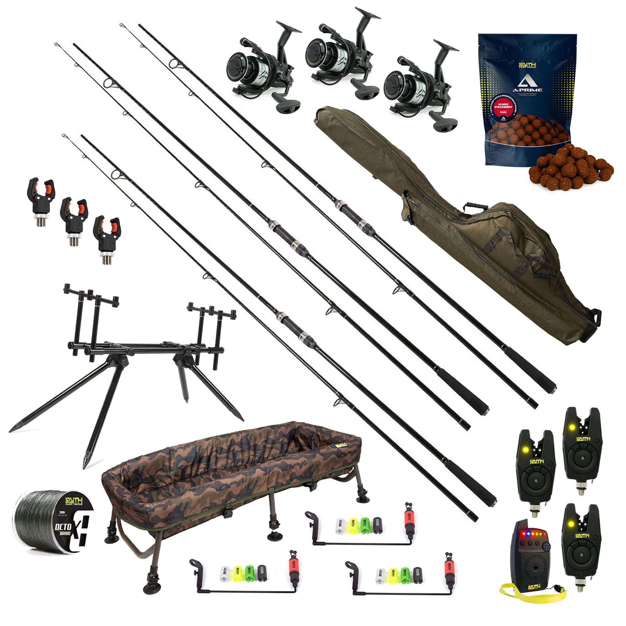 Faith Carpset 3 Rod Exclusive – Kompletny Zestaw Karpiowy Premium z Wędkami, Kołowrotkami Wolnego Biegu i Sygnalizatorami Brań