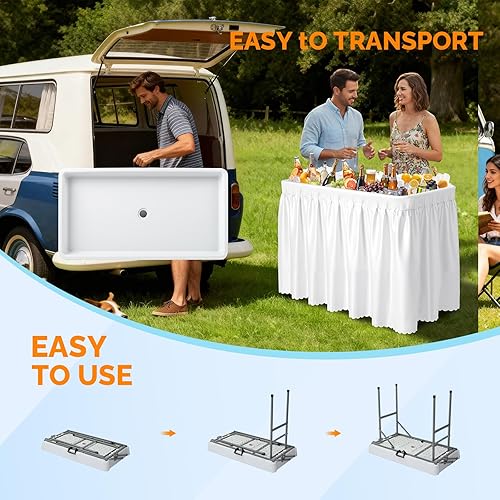 Miniatura 69 de VINGLI Mesa plegable para fiestas de 4 pies, portátil, para campamento y pesca, plástico con falda a juego, mesa de hielo para fiestas, barbacoas