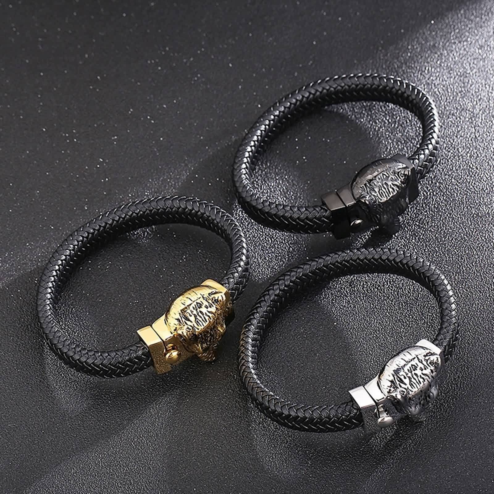 Bracelet Moderne, Bracelet Homme Loup Acier Inoxydable Cuir Tête de Loup de Mode Cool Bijoux Cadeau