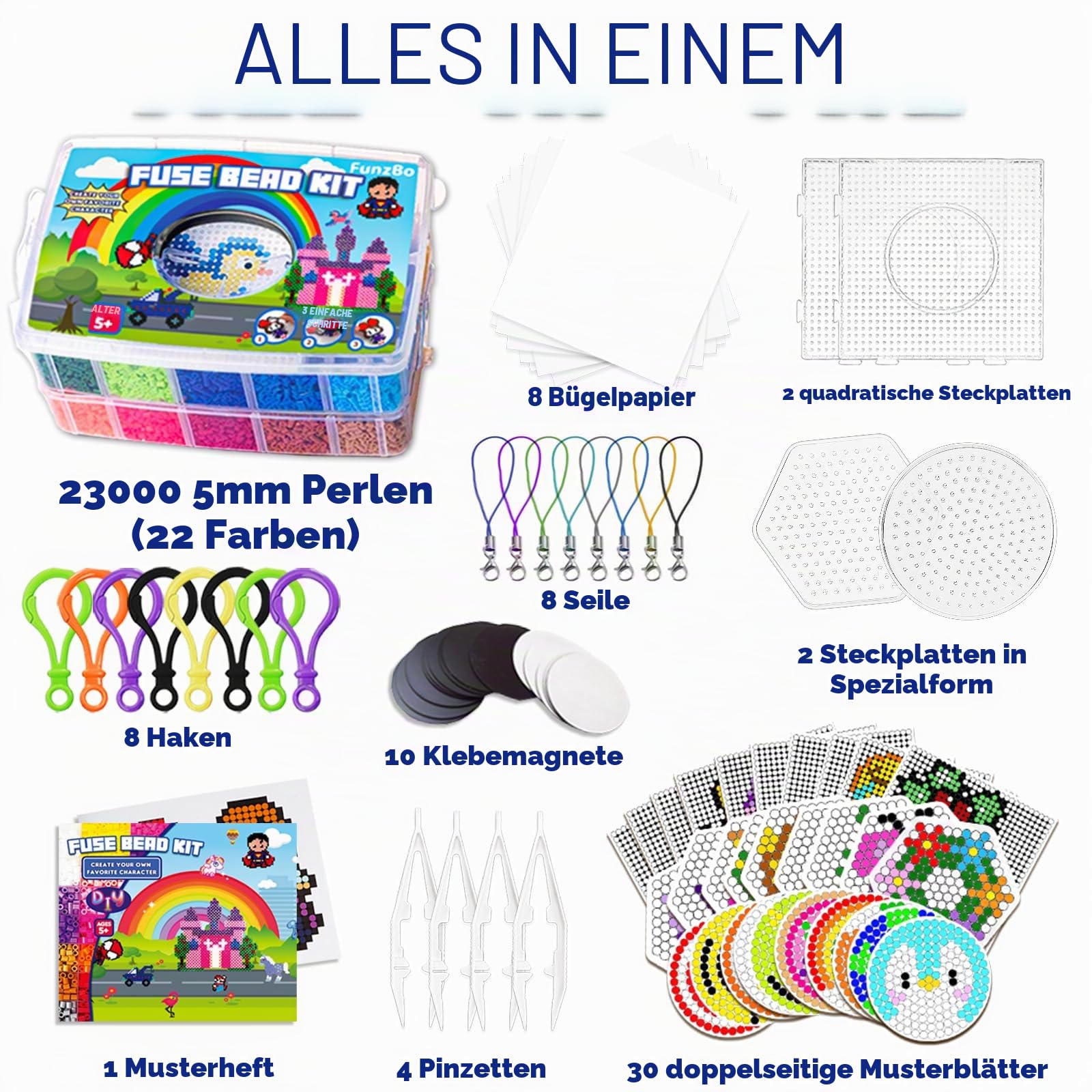 Bügelperlen set Bügelperlen Groß Packung XXL 23000PCS Perlen mit 106 Muster Platten Bastelset kinder ab 6 jahre & Erwachsene & Handarbeitsfans Geschenk für Meditative Entspannung & Familienzeit