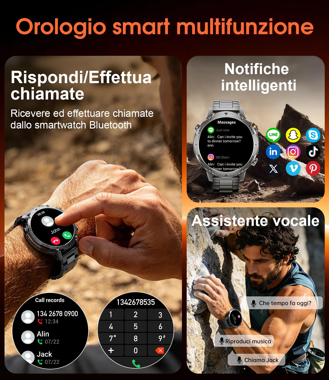 SUNKTA Smartwatch Uomo 1400 mAh grande batteria 1,7" HD Bluetooth chiamate Orologio intelligente per iOS Android 100+ modalità Sportive fitness,Monitoraggio della salute,sonno,contapassi,grigio