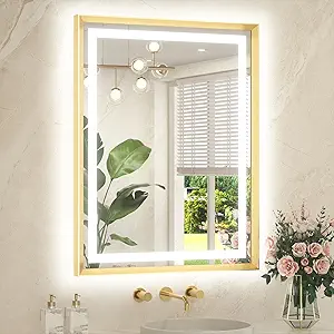 TETOTE 28 x 36 Bathroom LED Mirror Brushed Gold Metal Frame Frontlit & Backlit Vanity Mirror Anti-Fog Stepless Dimmable 3 Colors White/Warm/Natural with Lights Wall-Mounted