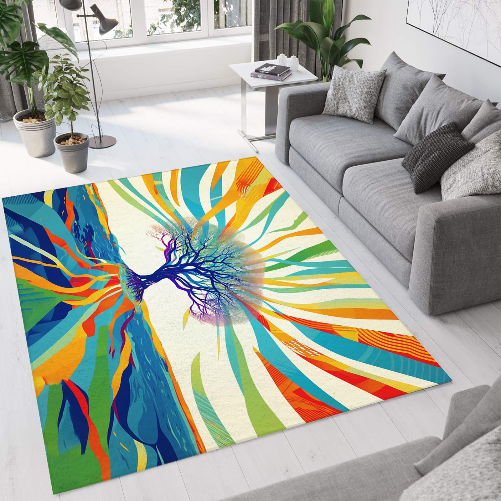 Tapis de salon bleu à branches d'arbres idéal pour bureau et salle à manger