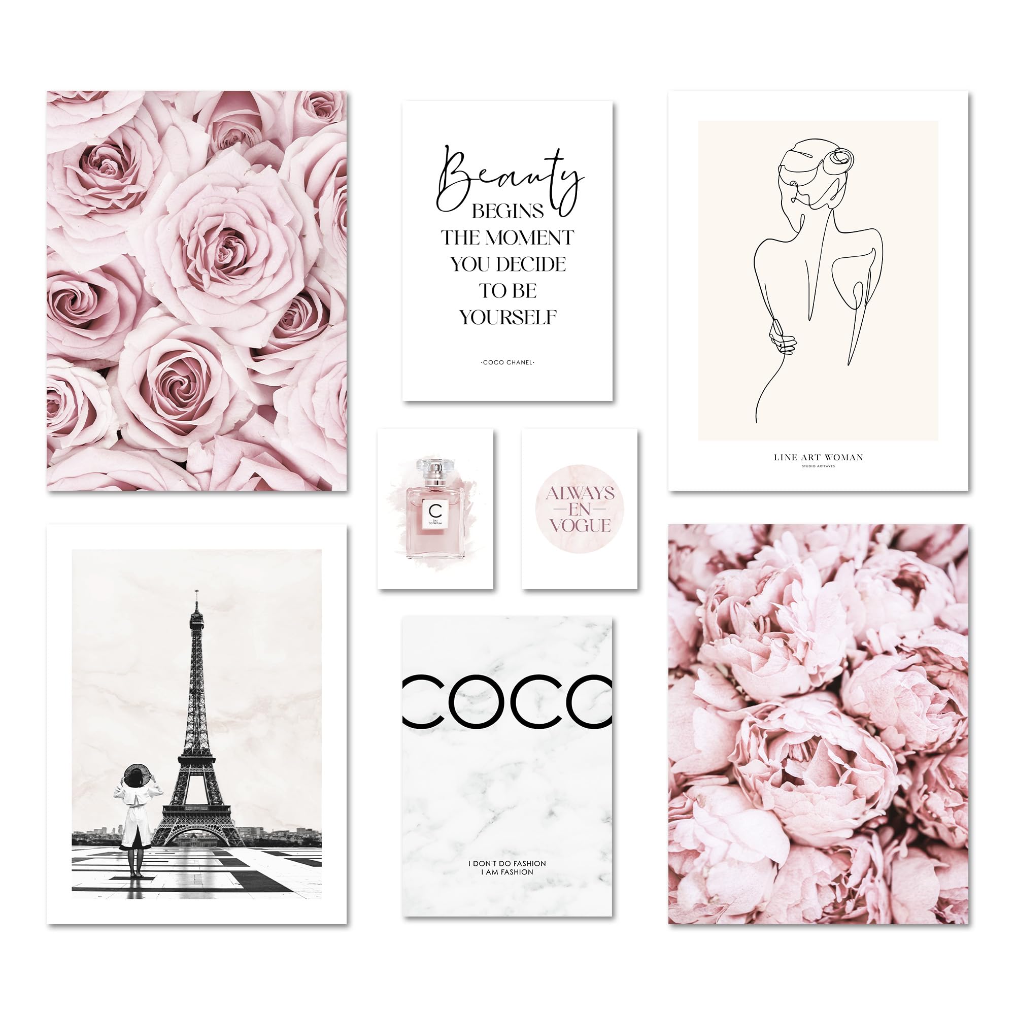 ARTFAVES® Poster Set - COCO ROSE - mehrteilige Wanddeko Wohnzimmer & Schlafzimmer - 8 moderne Wandbilder Rose, Fashion, rosa, Glamour, Blumen, Paris - ohne Bilderrahmen