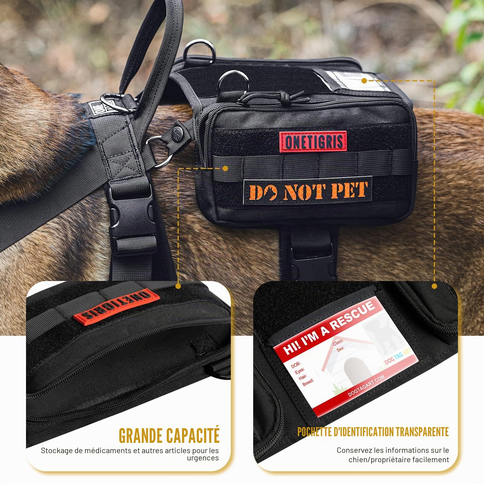 OneTigris Guardian Harnais pour Chien avec 3 Anneaux en D en Acier Inoxydable et Poche de Grande capacité, Sangle de Poitrine avec Rembourrage Confortable et Poche d'identité Transparente - Noir