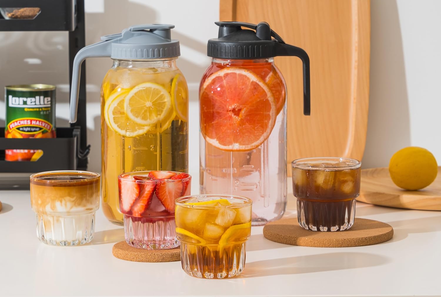 Glass Pitcher and Tumbler Set – 3 x 64oz Water Jugs + 4 Drinking Glasses