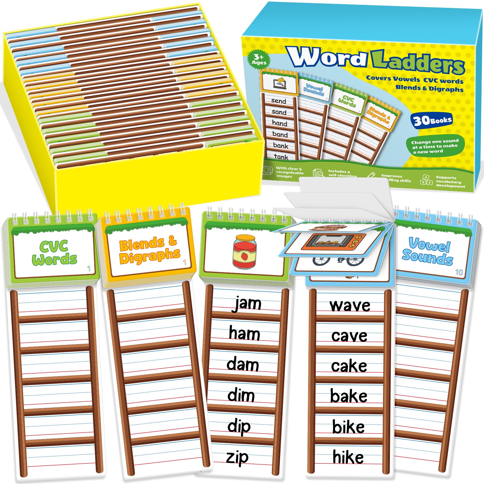 30 libros de escaleras de palabras, tarjetas flash de palabras a la vista, actividades de ortografía y lectura para niños pequeños, juegos de fonética para niños de 3 a 6 años, herramientas