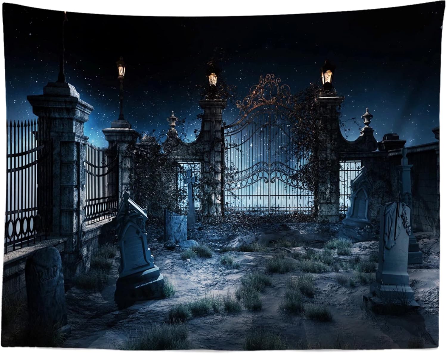10x6.5ft Fabric Spooky Graveyard Backdrop Halloween Gothic Cemetery Iron Gate Lantern Photo Backdrop Halloween Decorations Booth Props Scene Setters Kids Birthday Party Banner Studio Supplies