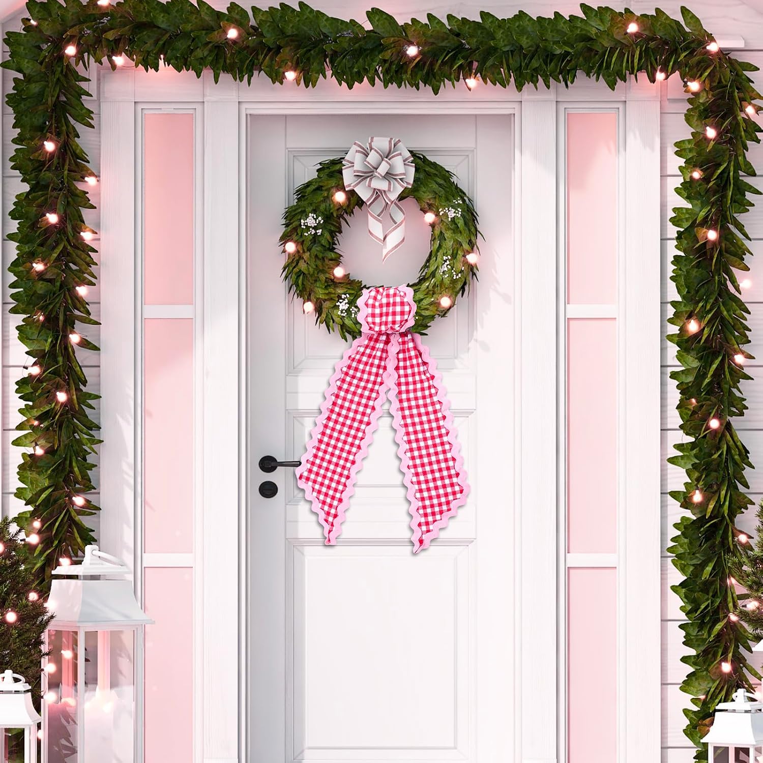 Whaline 2Pcs Wreath Sash for Front Door White Red Plaid Garland Ribbon for Holiday Wedding Birthday Party Home Decor Indoor Outdoor