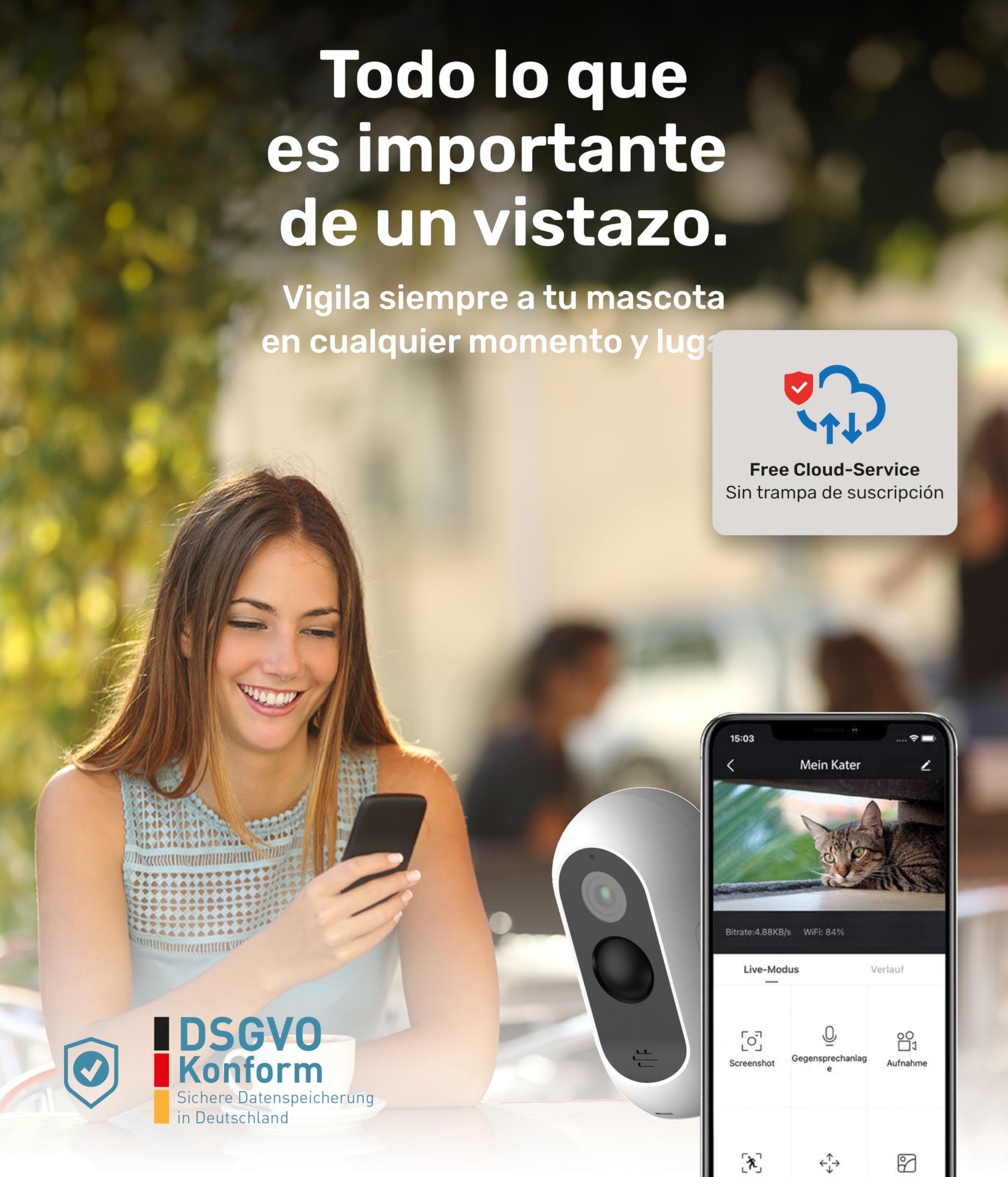 PetTec® CAM Free - Cámara Inalámbrica para Mascotas con App [SIN SUSCRIPCIÓN] - para Gatos y Perros, Interior/Exterior - Detección de Movimiento, Función de Voz - Batería hasta 9 Meses sin Cargar