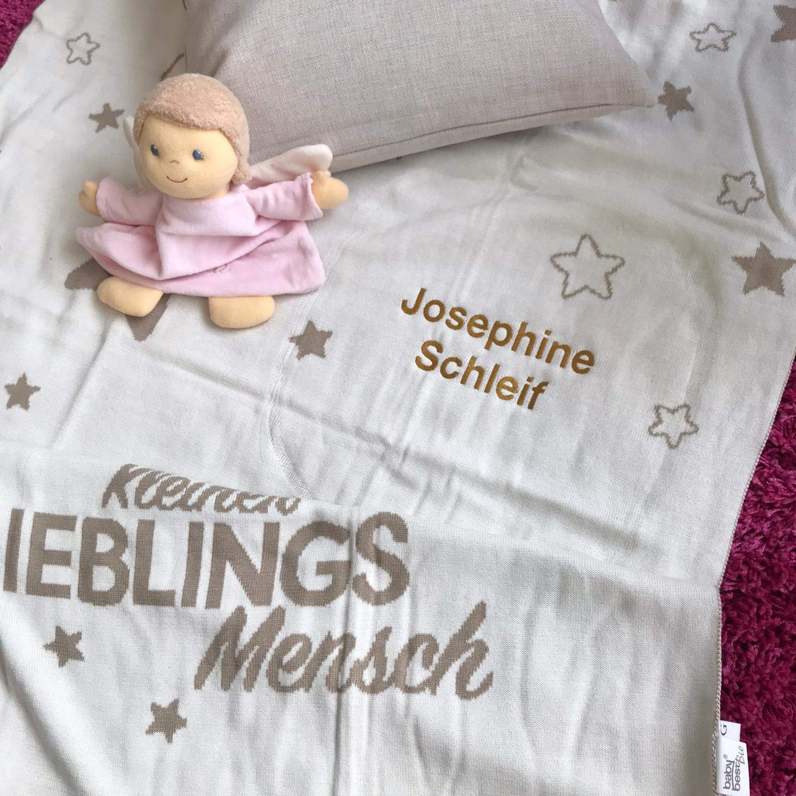 Wolimbo Strickdecke Babydecke mit Namen -Lieblingsmensch - personalisierte/individuelle Geschenke für Babys und Kinder zur Geburt, Taufe und Geburtstag - 75x100 cm