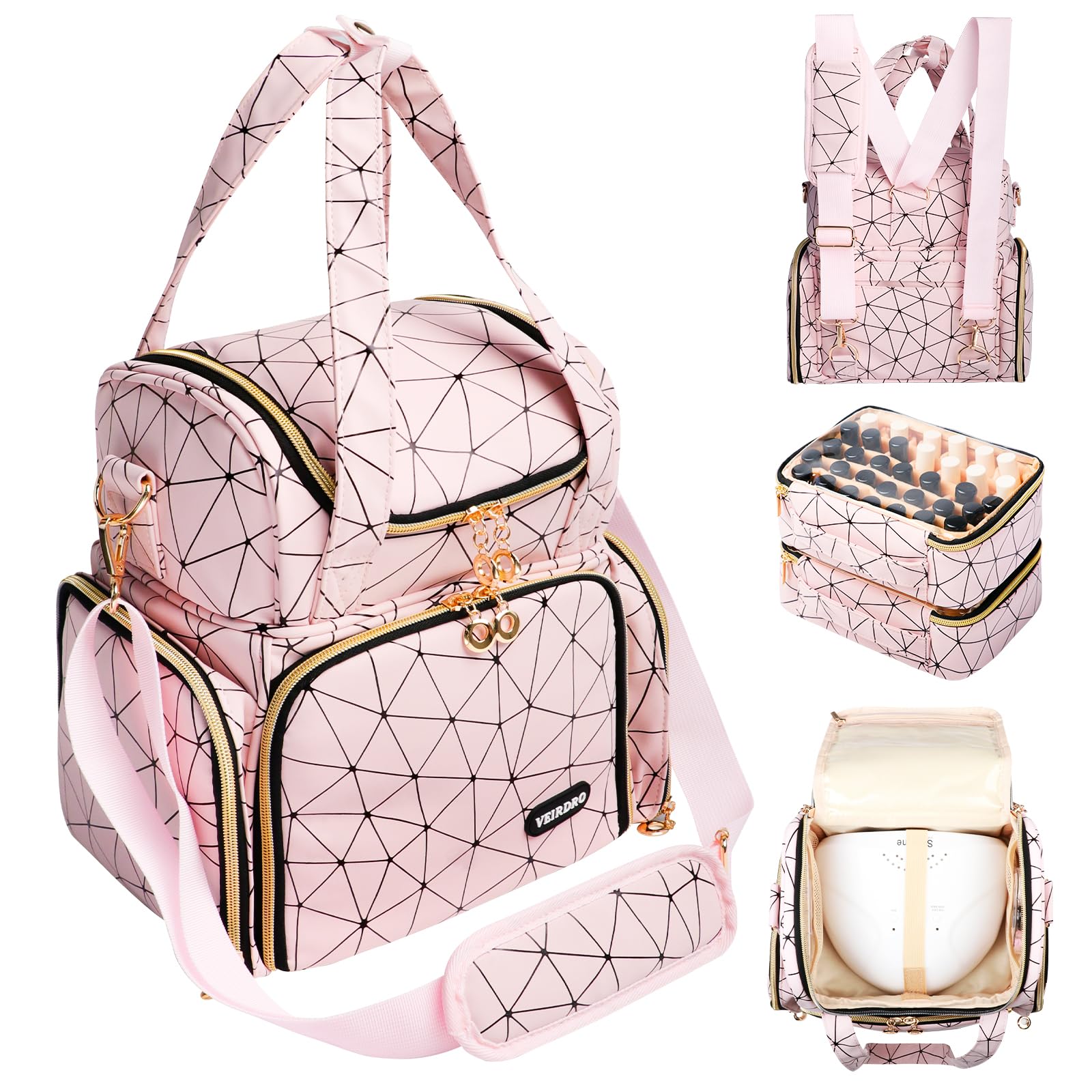 Veirdro Bolsa organizadora de esmalte de uñas, almacenamiento de hombro de piel sintética con 2 fundas extraíbles y lámpara de uñas, capacidad para 70 botellas, mochila de viaje portátil para