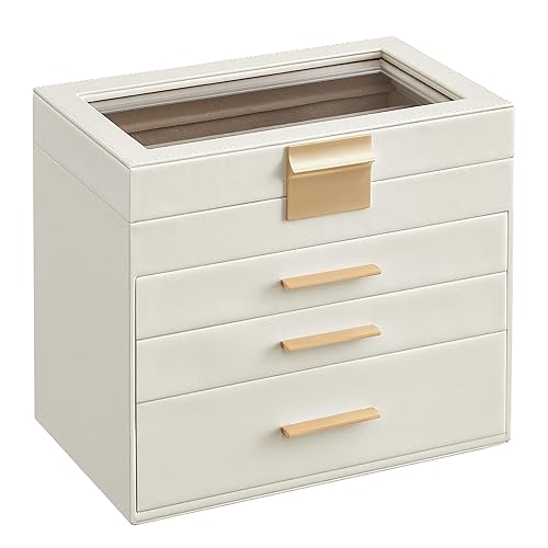 SONGMICS Jewelry Box Organizer with Glass Lid, 4-Layer Jewelry Storage, with 3 Drawers, Modern Style, Christmas Gift, 6 x 9.9 x 8.5 Inches, Cloud White and Gold Color UJBC161W01