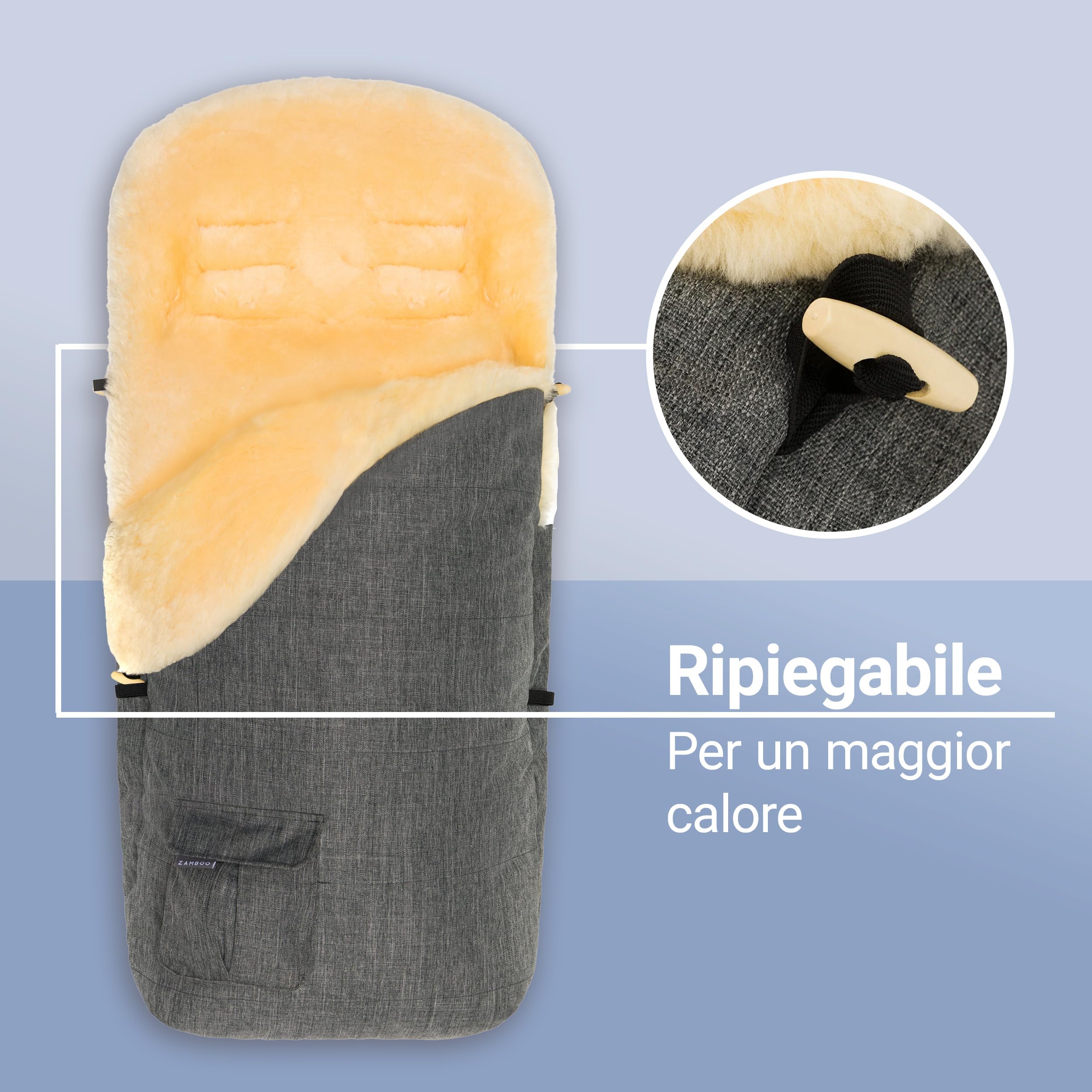 Zamboo Sacco a Pelo Invernale in Pelliccia D'agnello 2in1 - Coprigambe Passeggino Universale e Copriseduta Passeggino e Carrozzina per Bambini - Grigio