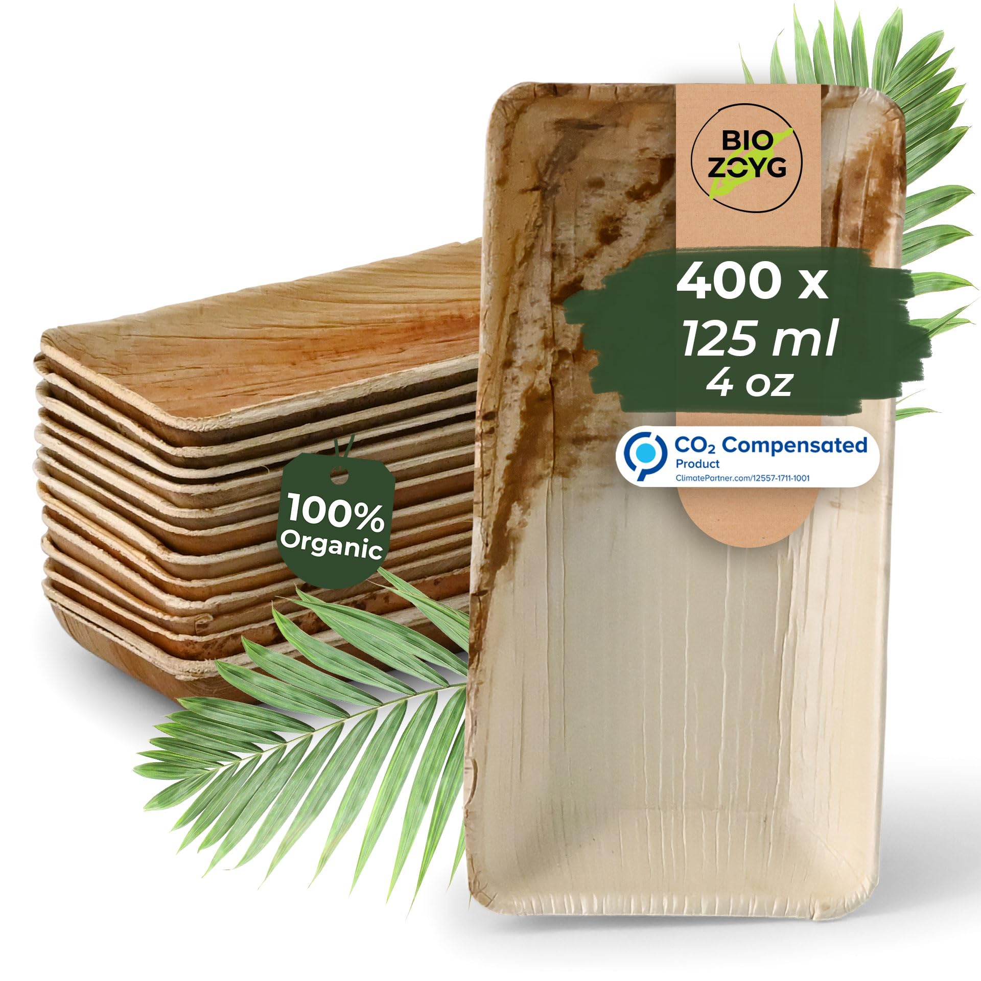 BIOZOYG 400x Cuencos para Snacks de Hoja de Palma 125 ml 13,5 x 8 cm rectangulares - Cuencos para Aperitivos, Platos Desechables - Desechable para Snacks