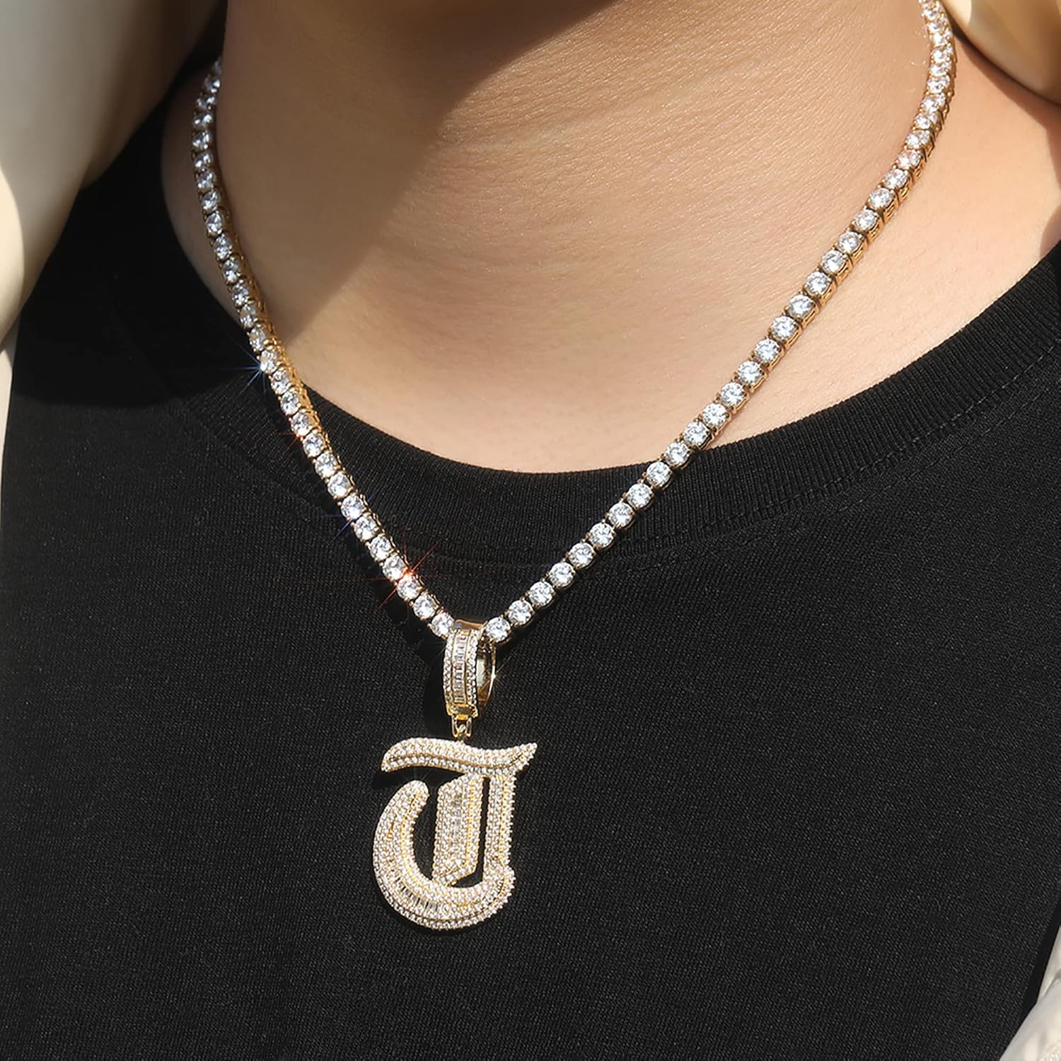 Custom Name Necklace Personalized Iced Out Pendant Chain Custom Old English Initial Necklace Nameplate Necklaces Hip Hop Jewelry Diamond Chain Pendant Necklace for Men Women